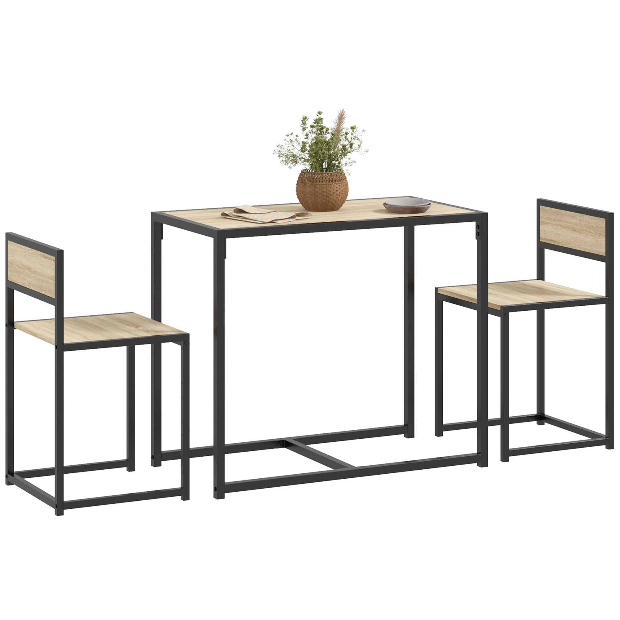 3-Piece Dining Room Set, Industrial Kitchen Rectangular Table & 2 Dining Chairs, Oak