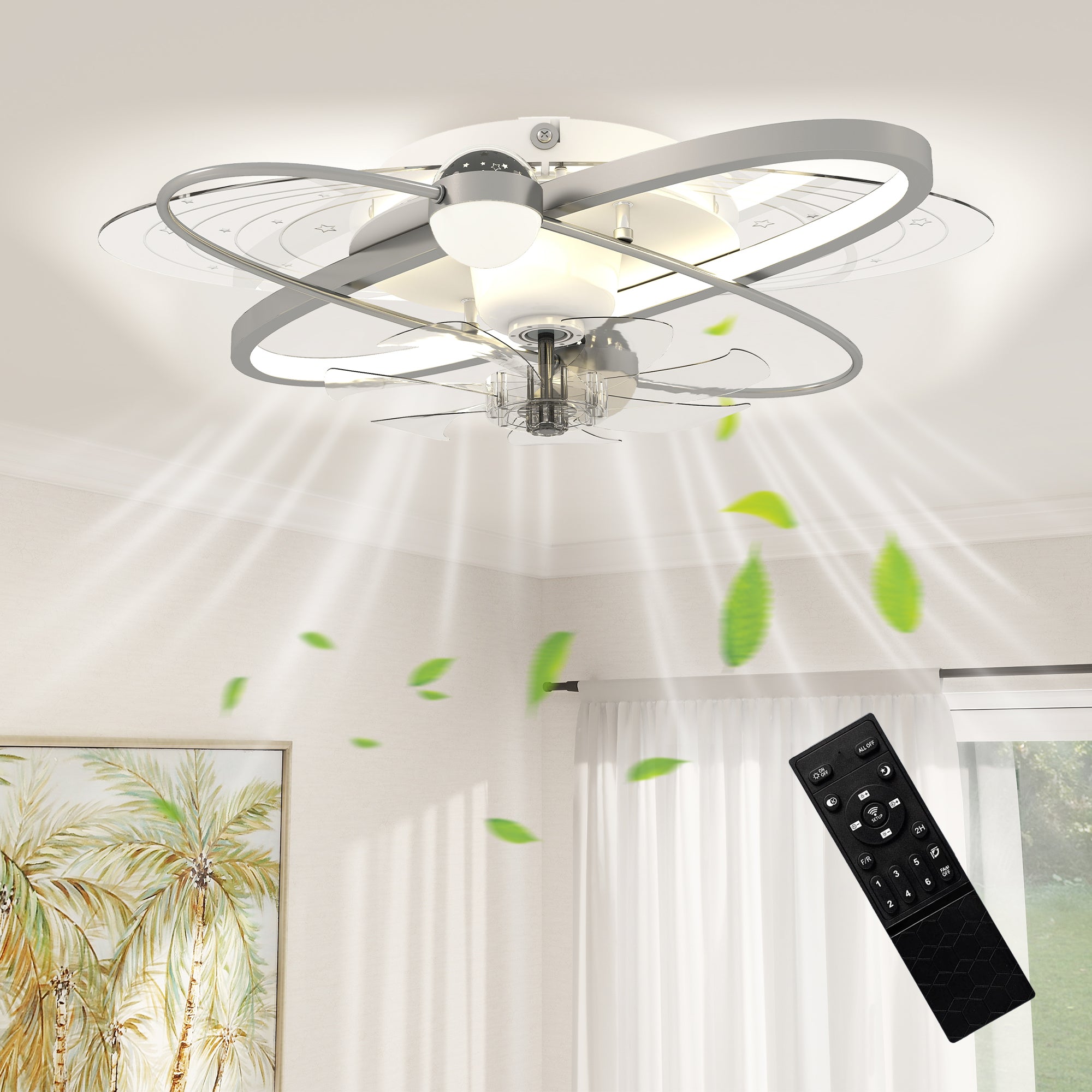 Ceiling Fans with Lights and Remote & App Control, 62 cm Modern LED Ceiling Fan Light with 3 Colour Temperatures, 6 Speed, Timer, Dimmable, Quiet Reversible DC Motor, for Bedroom, Silver Tone