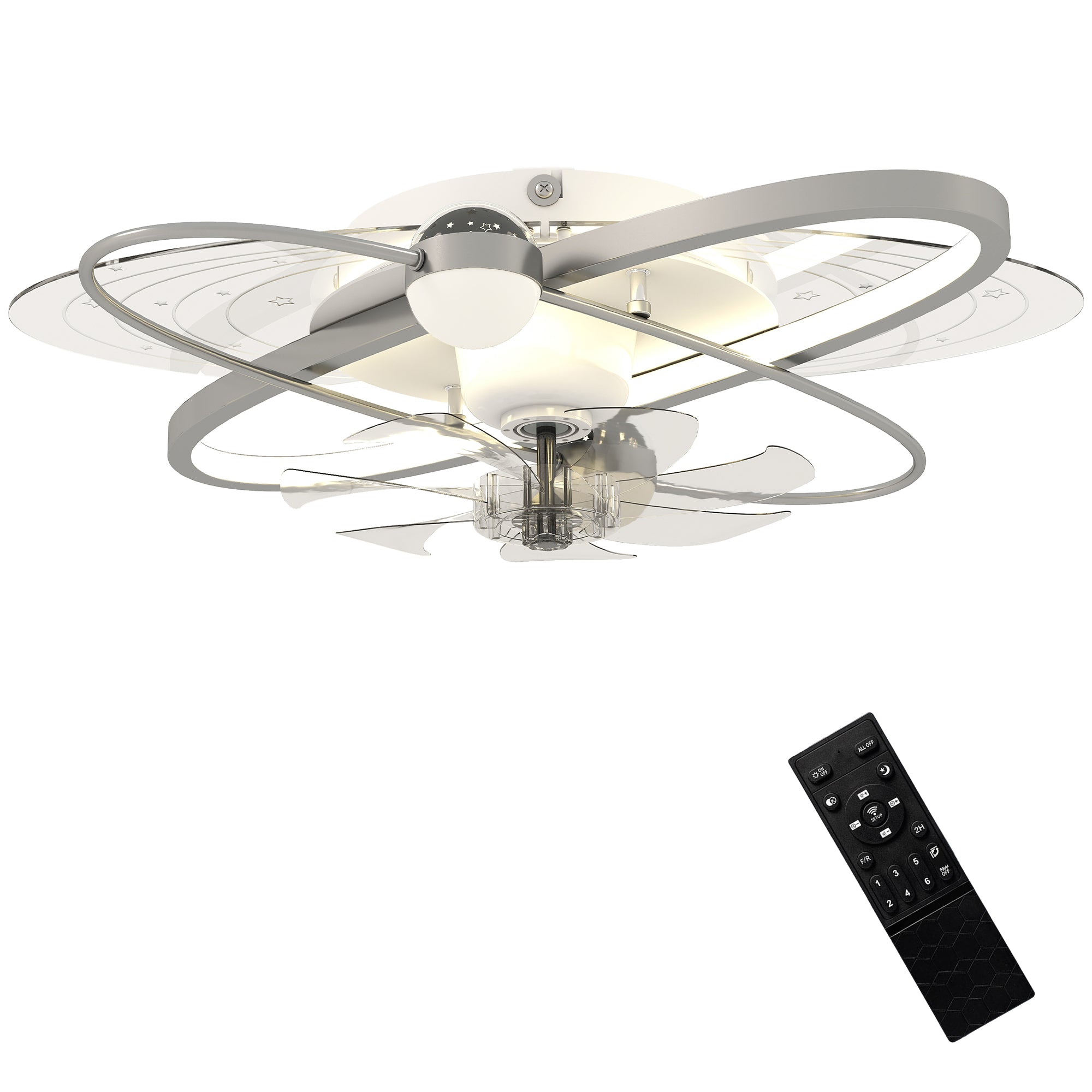 Ceiling Fans with Lights and Remote & App Control, 62 cm Modern LED Ceiling Fan Light with 3 Colour Temperatures, 6 Speed, Timer, Dimmable, Quiet Reversible DC Motor, for Bedroom, Silver Tone