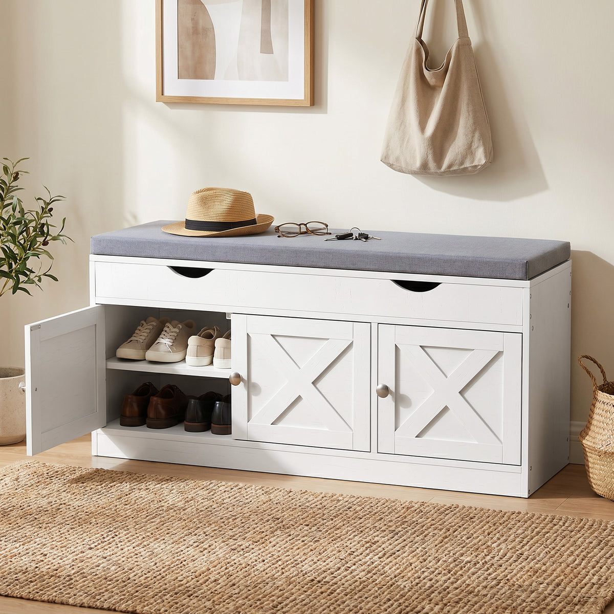 Shoe Bench with Padded Cushion, Farmhouse Entryway Bench with Adjustable Shelves, 3 Shoe Cabinets for Entryway, Hallway, White Wood Grain
