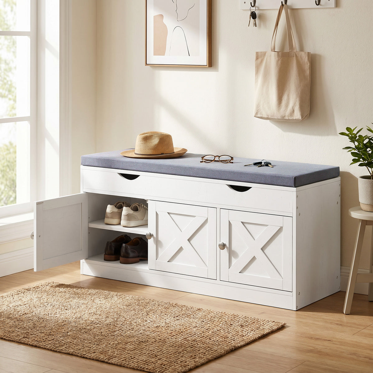 Shoe Bench with Padded Cushion, Farmhouse Entryway Bench with Adjustable Shelves, 3 Shoe Cabinets for Entryway, Hallway, White Wood Grain