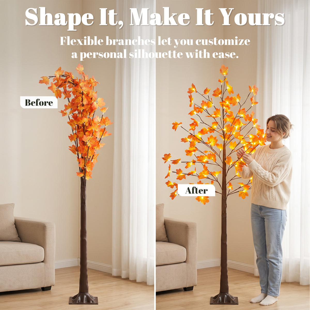6FT Artificial Lighted Maple Tree with 96 LED Lights, Daily Timer, Fall Decoration with 8 Bendable Branches for Home Indoor Sheltered Outdoor, Thanksgiving Decor