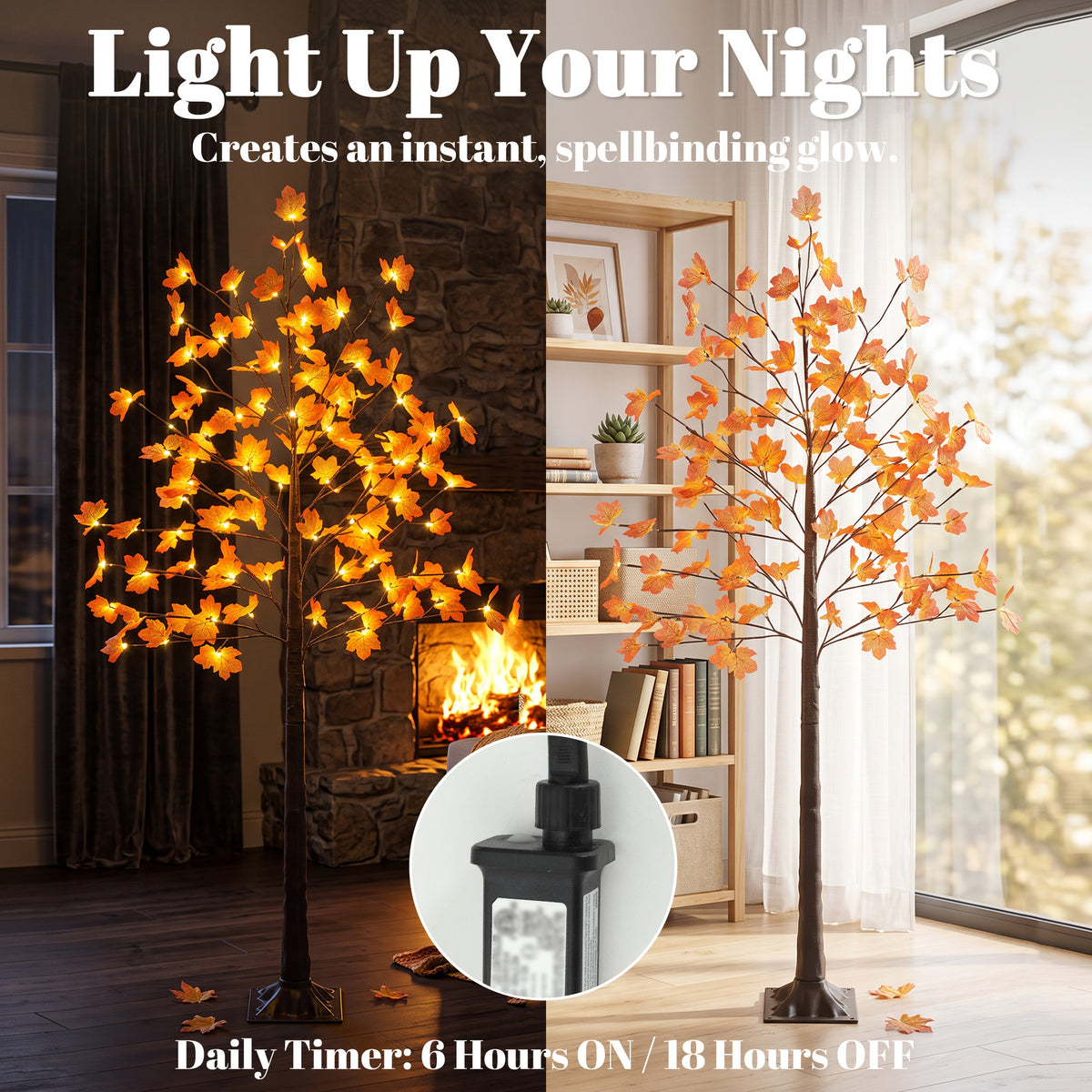 6FT Artificial Lighted Maple Tree with 96 LED Lights, Daily Timer, Fall Decoration with 8 Bendable Branches for Home Indoor Sheltered Outdoor, Thanksgiving Decor