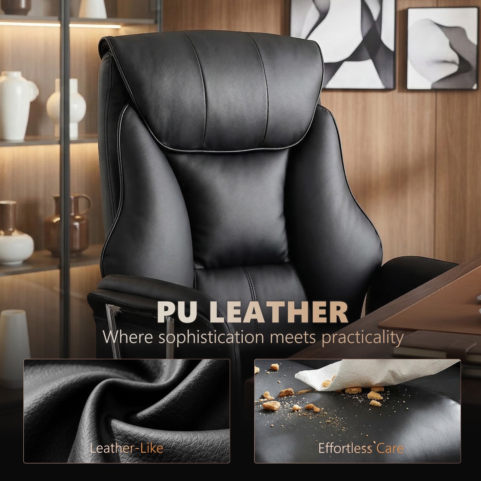 Massage Office Chair with 6-Point Vibration, Overstuffed Reclining Desk Chair with High Back, PU Leather, Footrest, Thick Spring Cushion, Lumbar Support, Adjustable Height, Swivel Wheels, Black