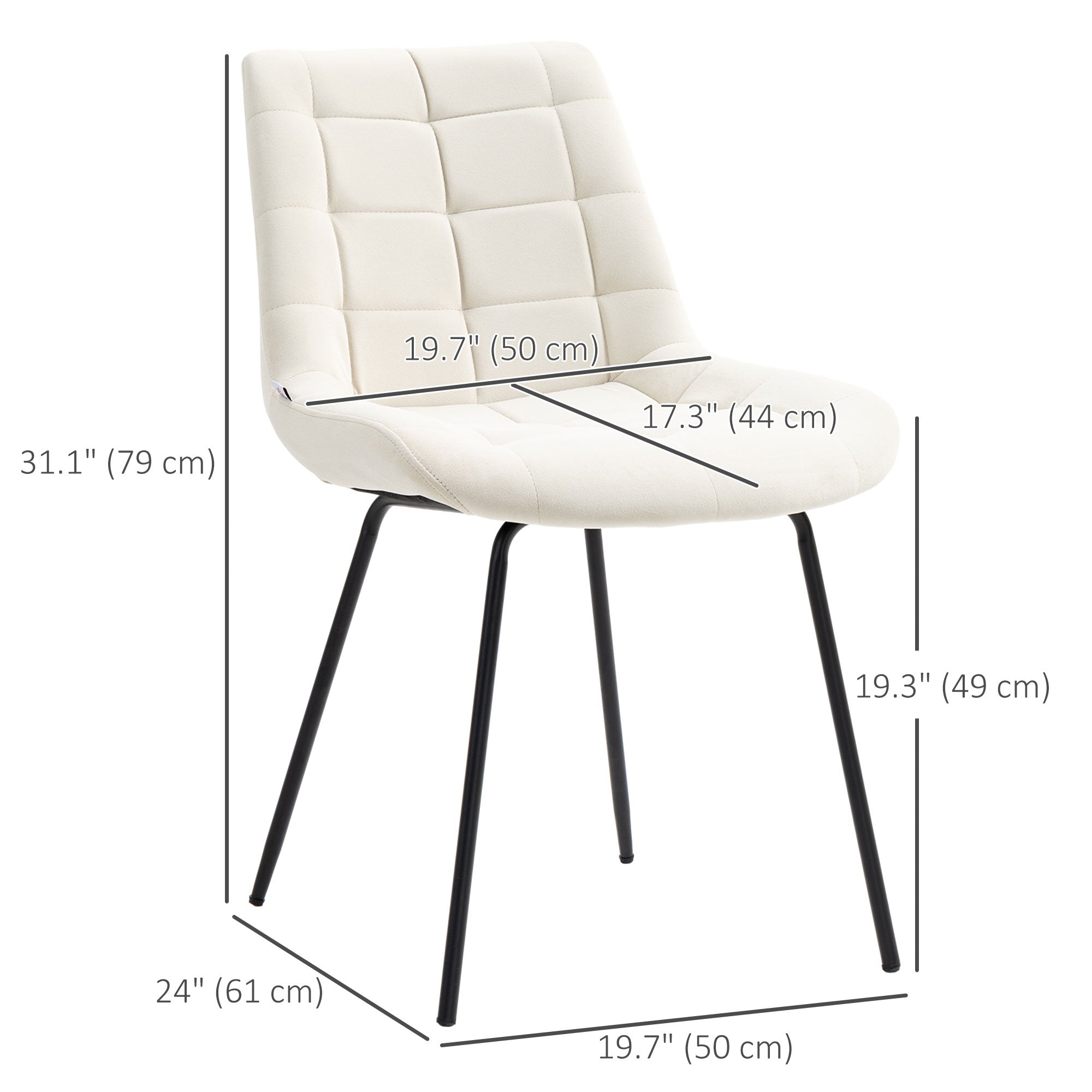 HOMCOM Dining Chairs Set of 2, Modern Upholstered Kitchen Chairs with Steel Legs for Living Room, Bedroom, Cream White