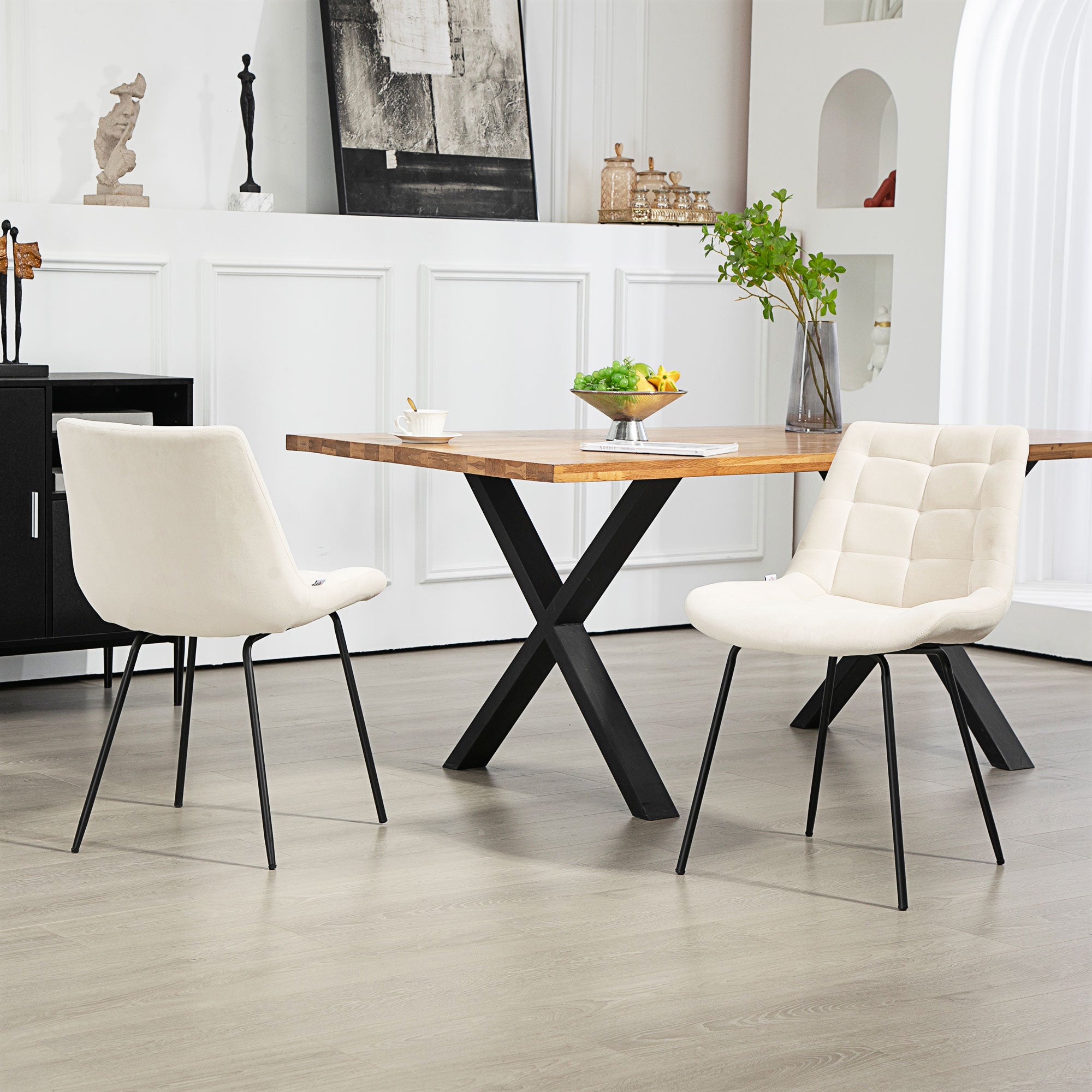 HOMCOM Dining Chairs Set of 2, Modern Upholstered Kitchen Chairs with Steel Legs for Living Room, Bedroom, Cream White