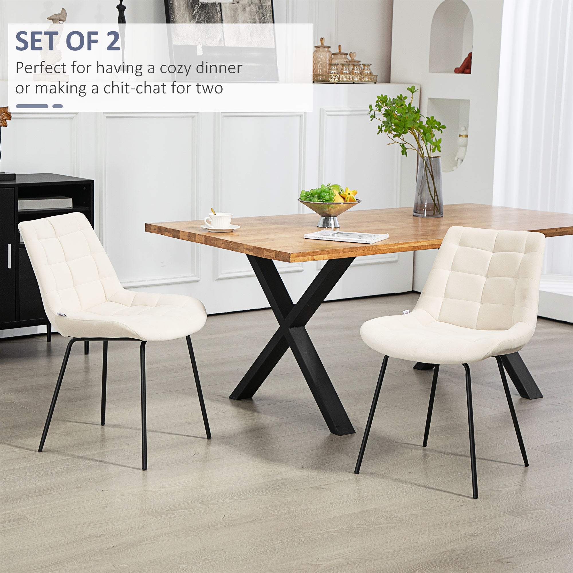 HOMCOM Dining Chairs Set of 2, Modern Upholstered Kitchen Chairs with Steel Legs for Living Room, Bedroom, Cream White