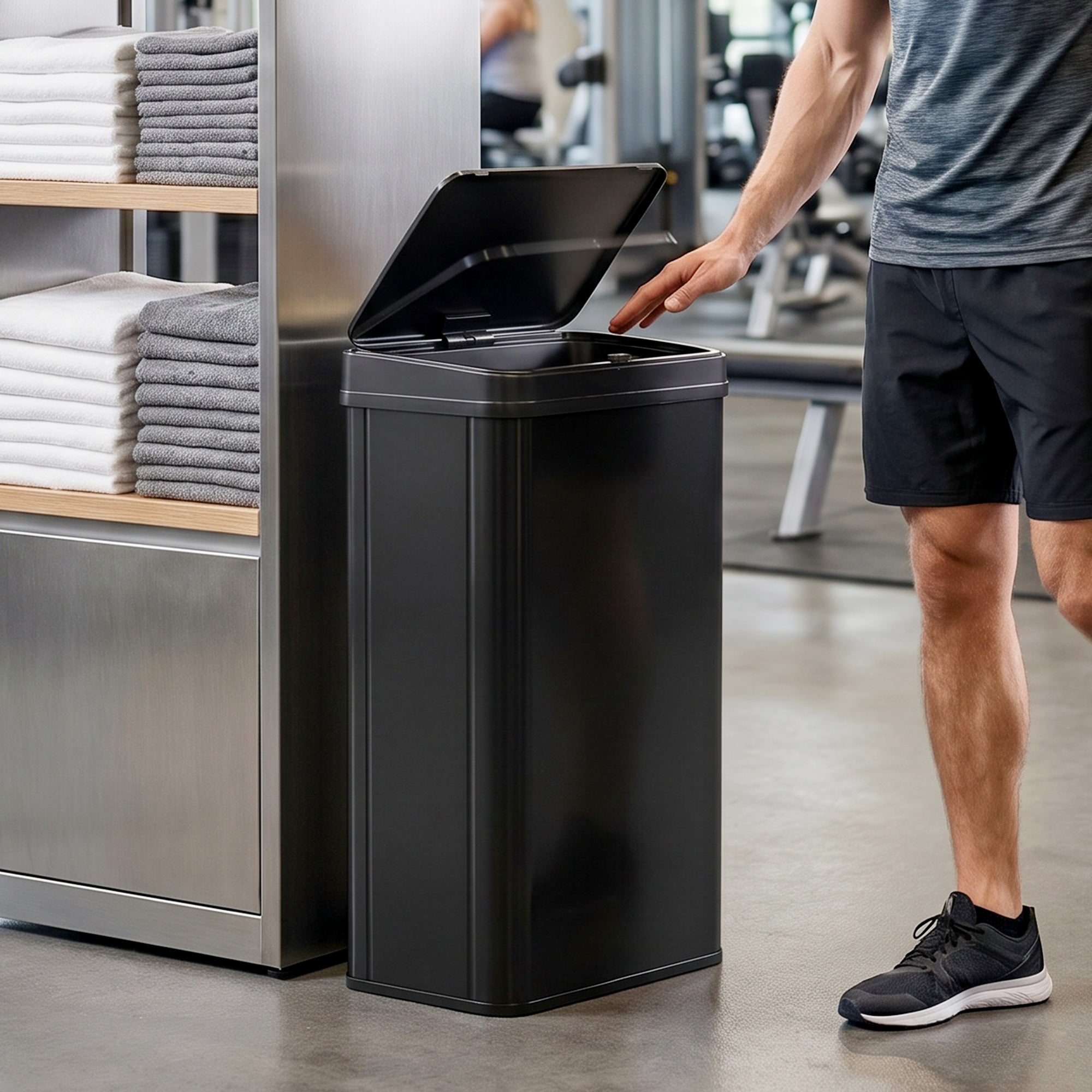 50L Sensor Bin with Quiet Soft-Close Lid, Automatic Touchless Motion Sensor Kitchen Bin with Fingerprint Resistant Stainless Steel for Hygienic Gyms, Home Office Use, Black