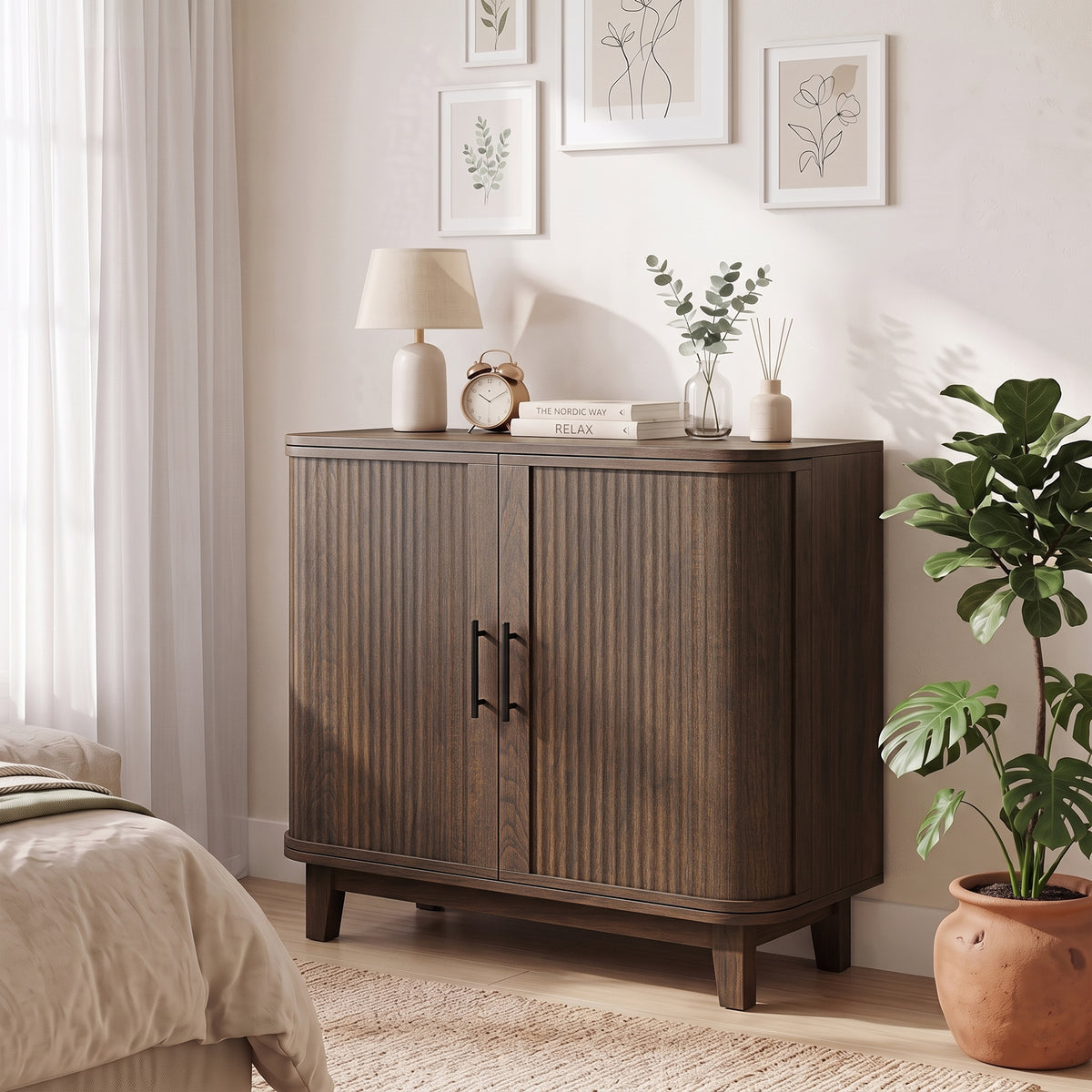 80cm Sideboard Buffet Cabinet, Modern Storage Cabinet with 2 Curved Doors, Adjustable Shelf and Legs for Dining Room, Hallway, Dark Walnut
