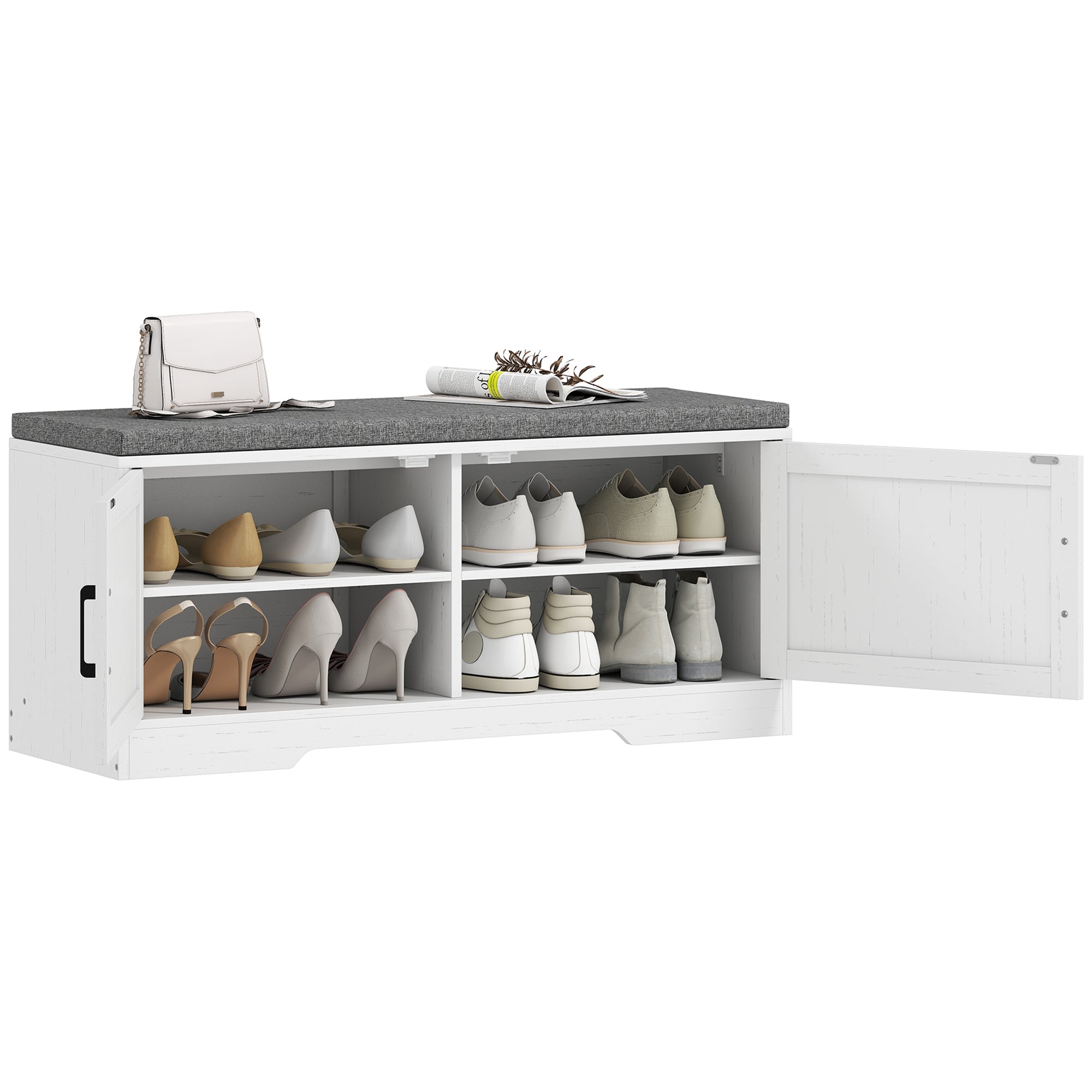 2-Tier Shoe Storage Bench, Shoe Bench with Cushion, Adjustable Shelves & 2 Doors, Modern Farmhouse Style Entryway Cabinet for Hallway, Bedroom, White