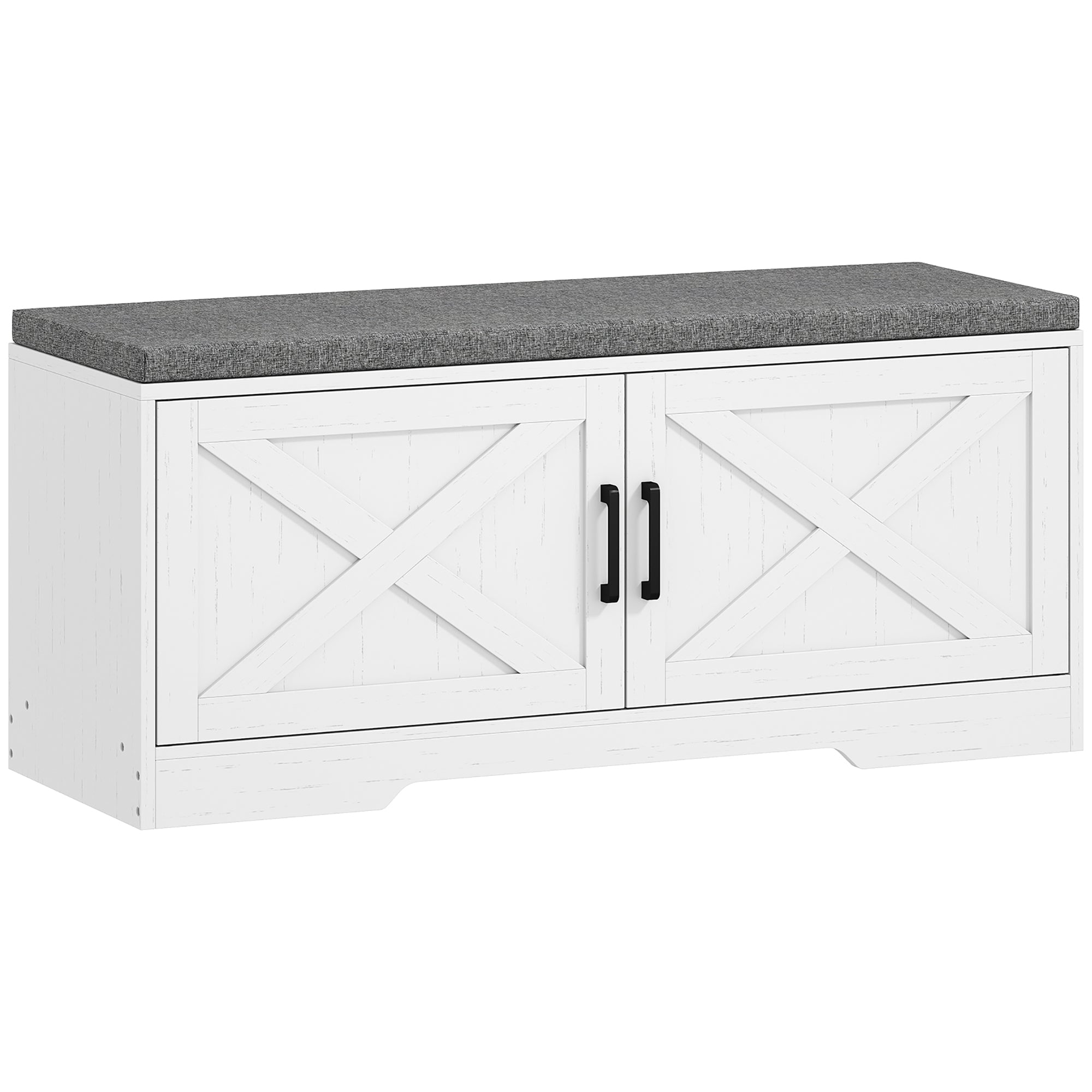 2-Tier Shoe Storage Bench, Shoe Bench with Cushion, Adjustable Shelves & 2 Doors, Modern Farmhouse Style Entryway Cabinet for Hallway, Bedroom, White