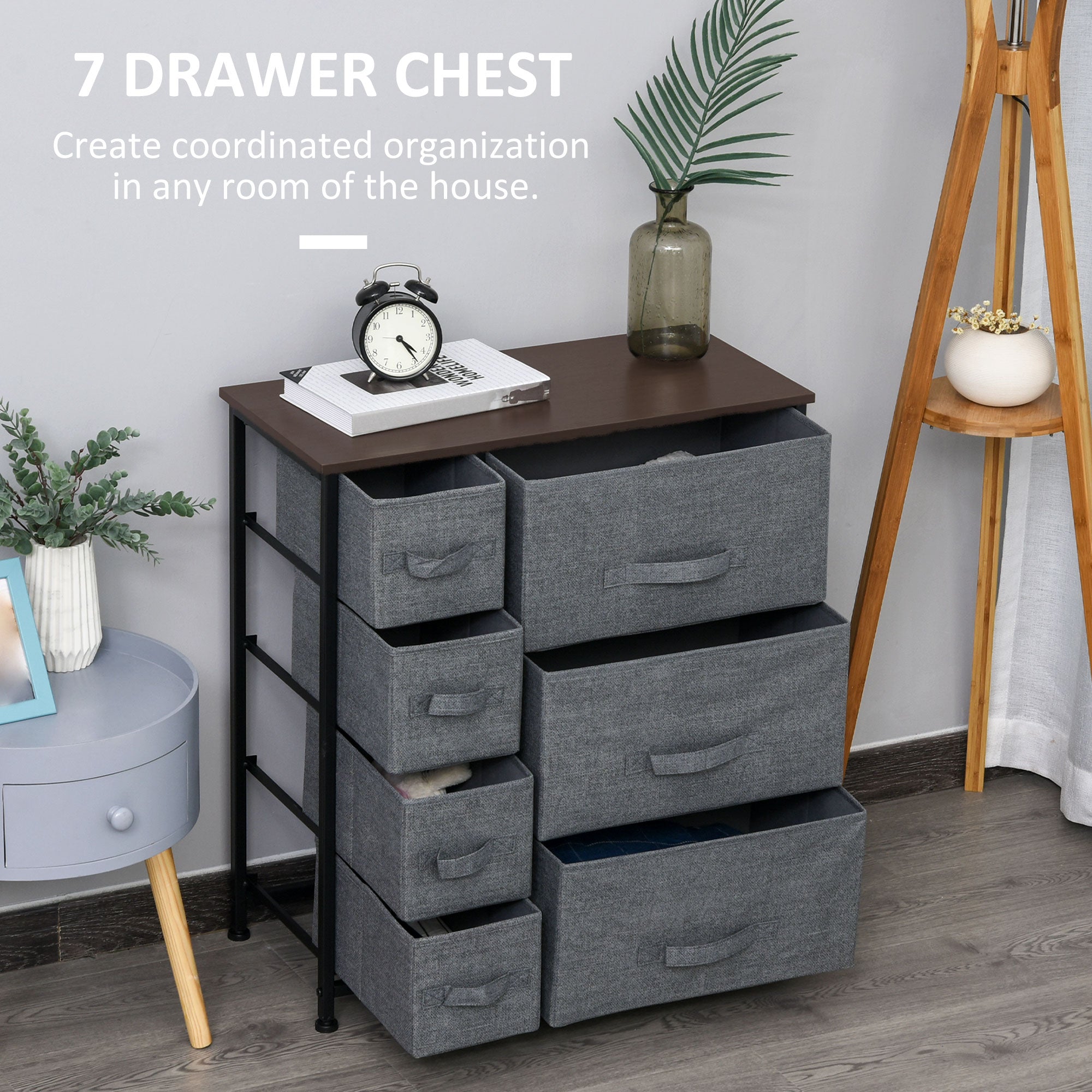 Dresser for Bedroom with 7 Drawers, Chest of Drawers with Metal Frame, Fabric Dresser for Living Room, Entryway, Hallway, Dark Grey