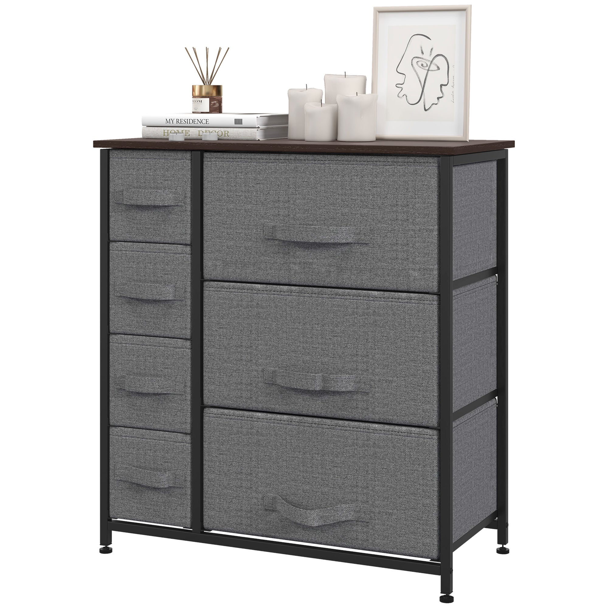 Dresser for Bedroom with 7 Drawers, Chest of Drawers with Metal Frame, Fabric Dresser for Living Room, Entryway, Hallway, Dark Grey