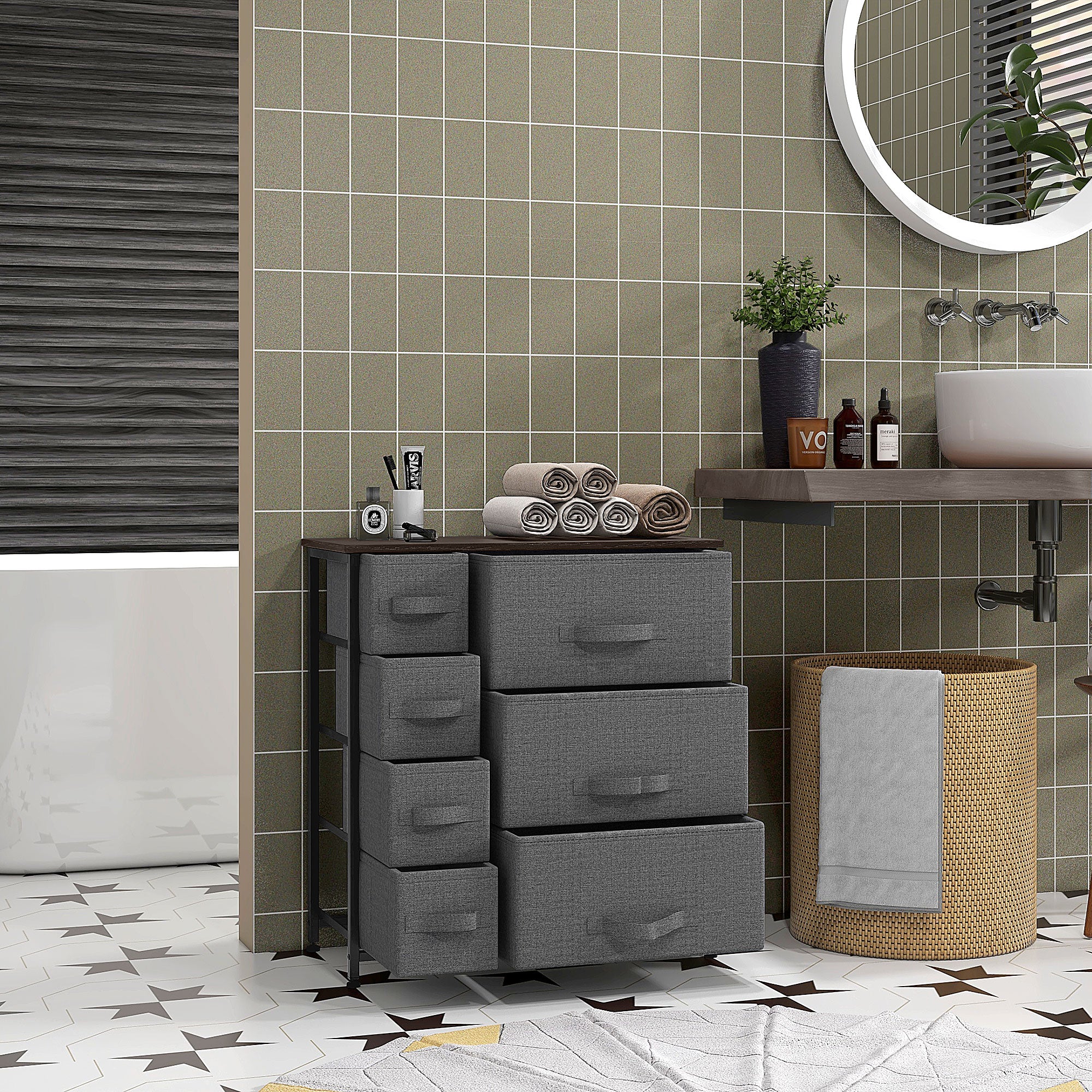 Dresser for Bedroom with 7 Drawers, Chest of Drawers with Metal Frame, Fabric Dresser for Living Room, Entryway, Hallway, Dark Grey