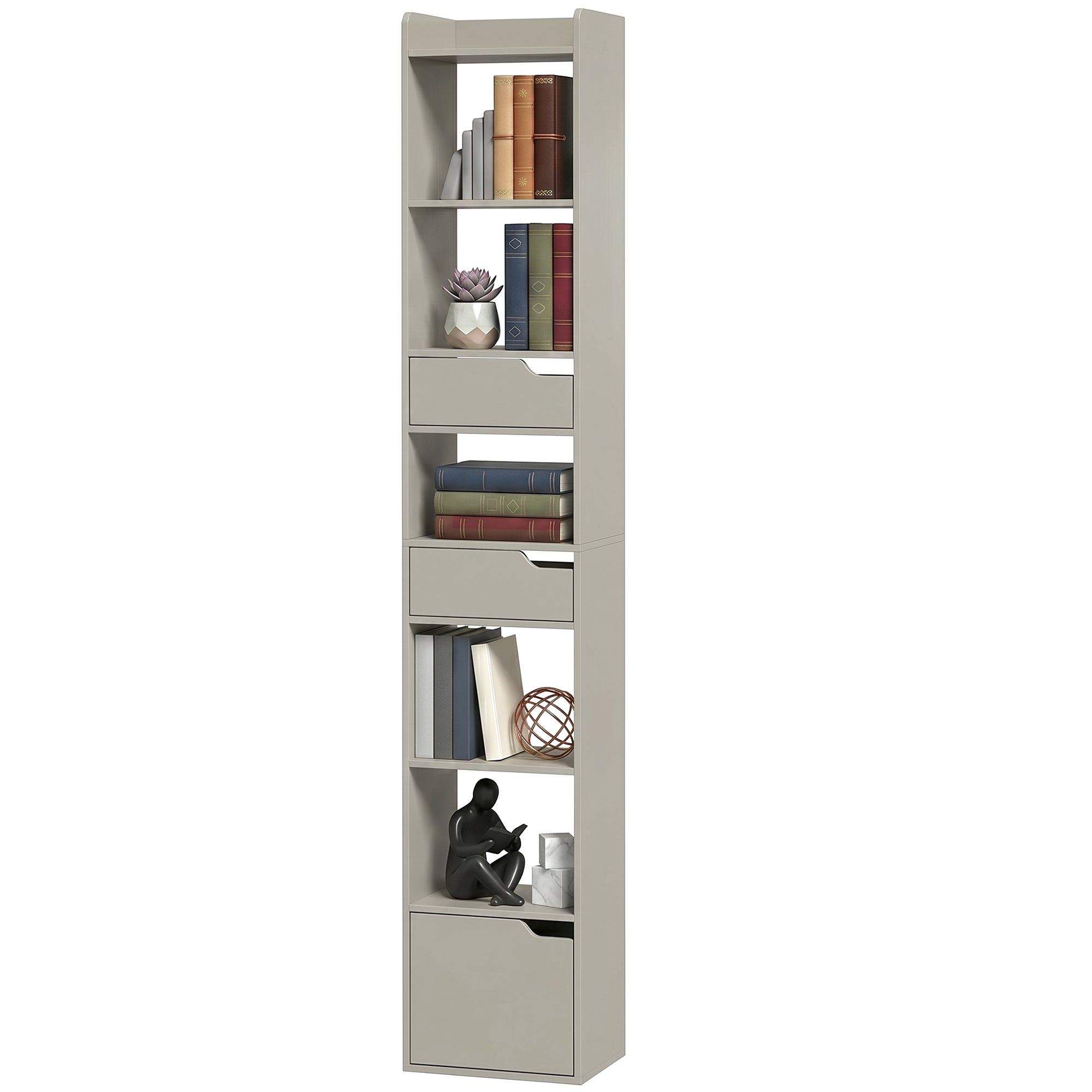 Bookcase with Drawers and Cabinet, 5-Tier Bookshelf, Narrow Tall Storage Cabinet with Anti-Tip for Living Room, Study, Home Office, Grey