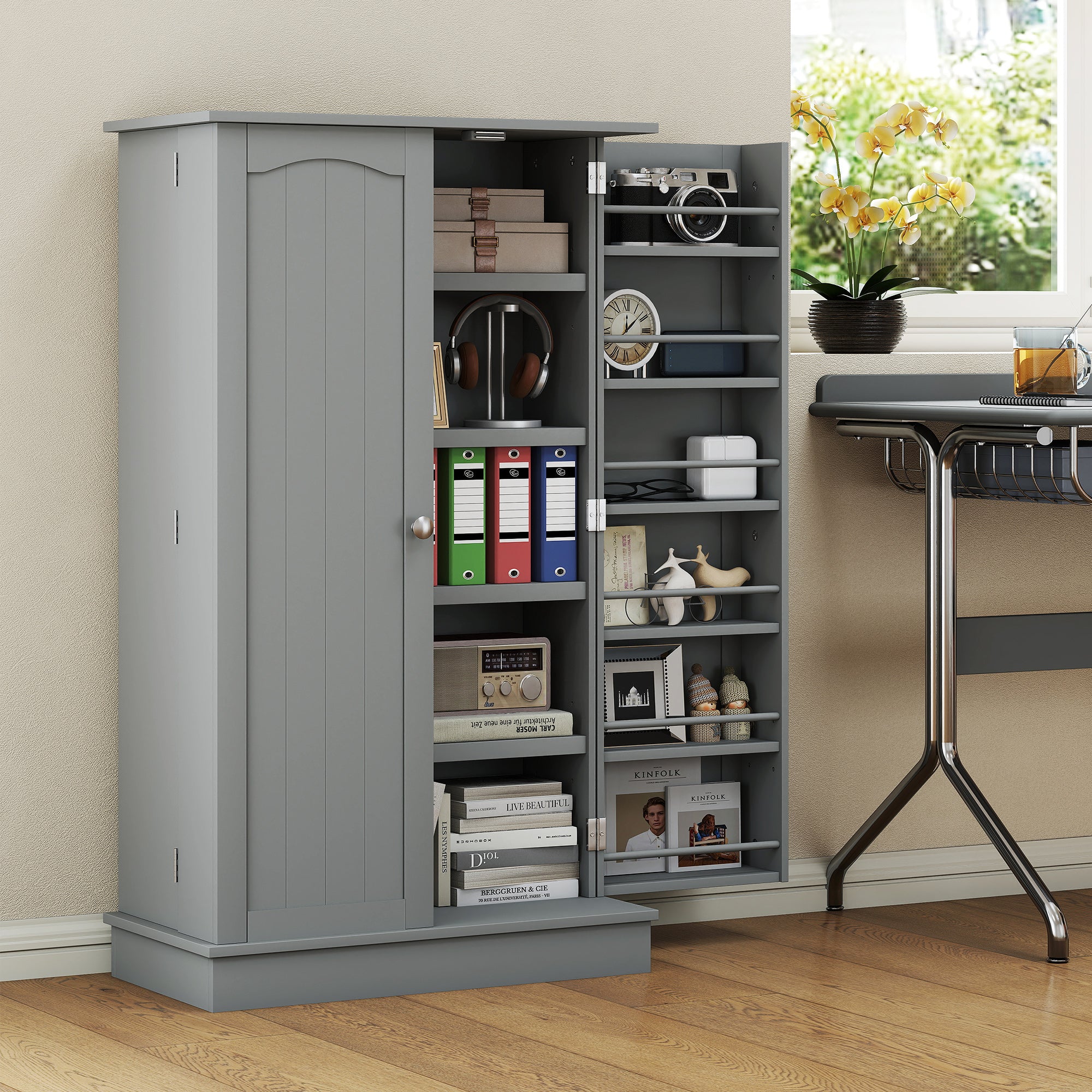 41" Kitchen Pantry Cabinet, 2-Door Buffet Storage Cabinet with 12 Spice Racks and Adjustable Shelves, Grey