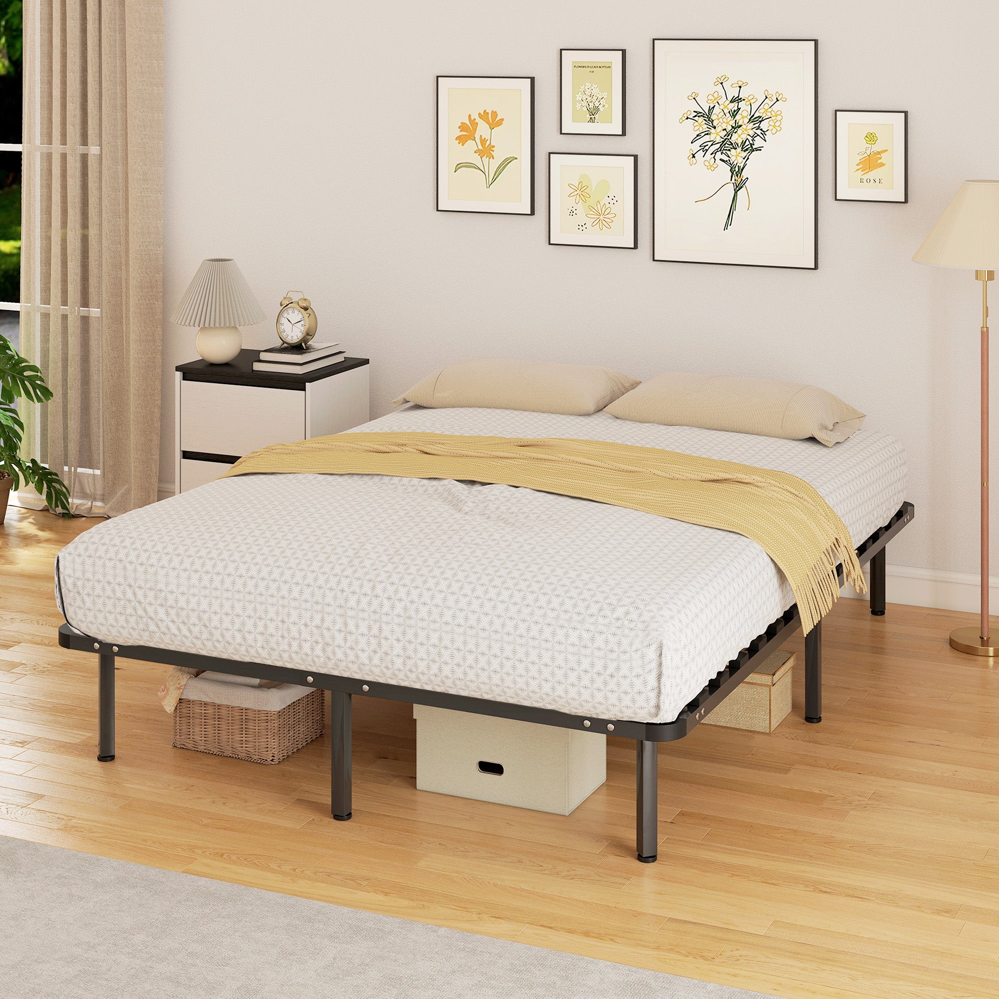 4ft6 Double Bed Frame, Metal Platform Bed Frame with 2 x 14 Wood Slats, No Box Spring Needed, Underbed Storage, Easy to Assemble, Black