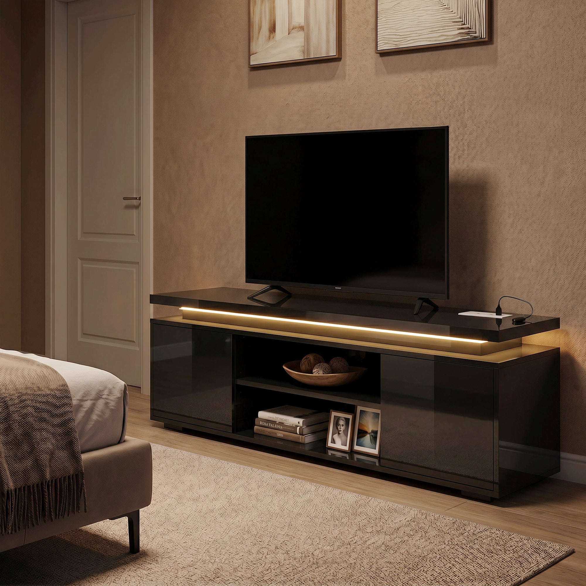 TV Stand for TVs up to 60 Inch, Modern Entertainment Center with LED Lights and Power Outlets, Media Console Table with 2 Cabinets & Adjustable Open Shelf, High Gloss Black