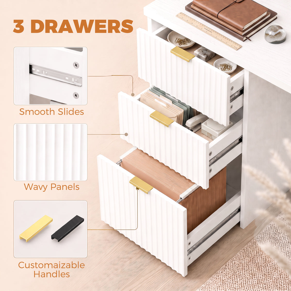 Computer Desk with 3 Drawers, 47" Reversible Home Office Desk with Storage, Thick Top, Modern Study Table with File Drawer for A4 and Letter Size, Bedroom, Studio, White
