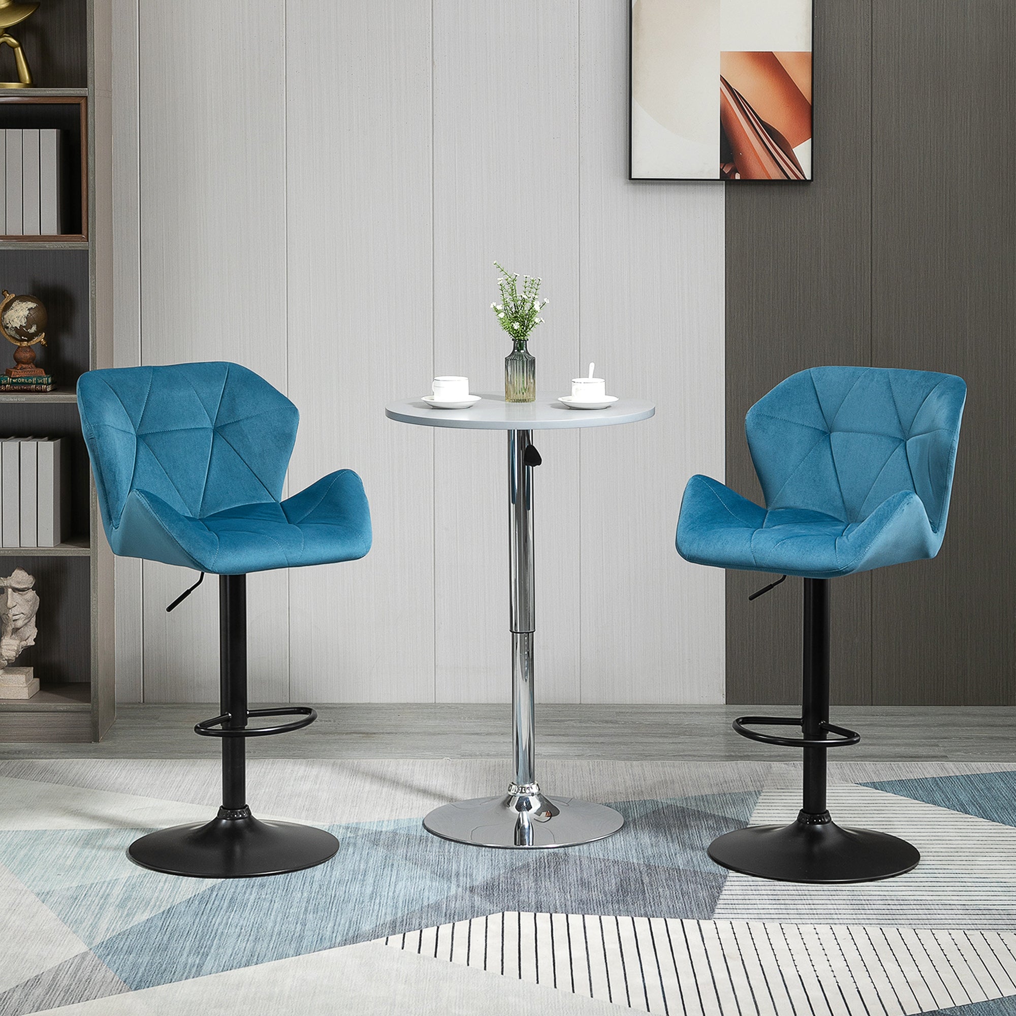 HOMCOM Bar Stools Set Of 2, Luxurious Velvet-Touch Barstools with Metal Frame Footrest Round Base Triangle Indenting Moulded Seat Adjustable Height Swivel Blue