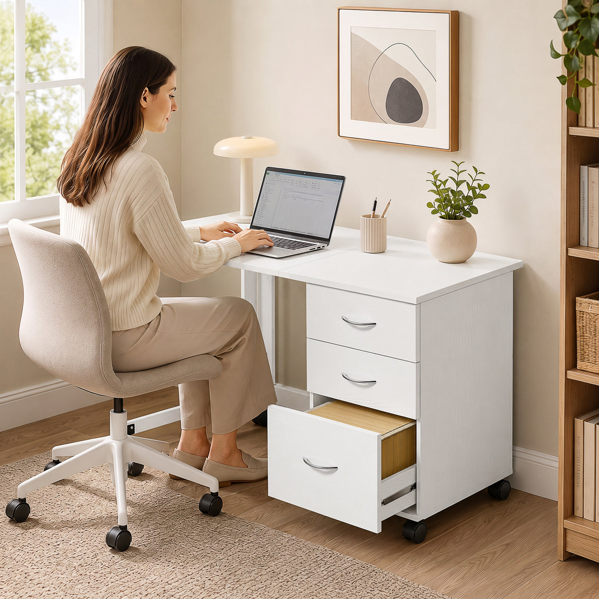 Foldable Computer Desk with 3 Drawers, Mobile Home Office Computer Table with 4 Lockable Wheels, Hanging Bars, Space Saving for Study, Home Office, White Wood Grain