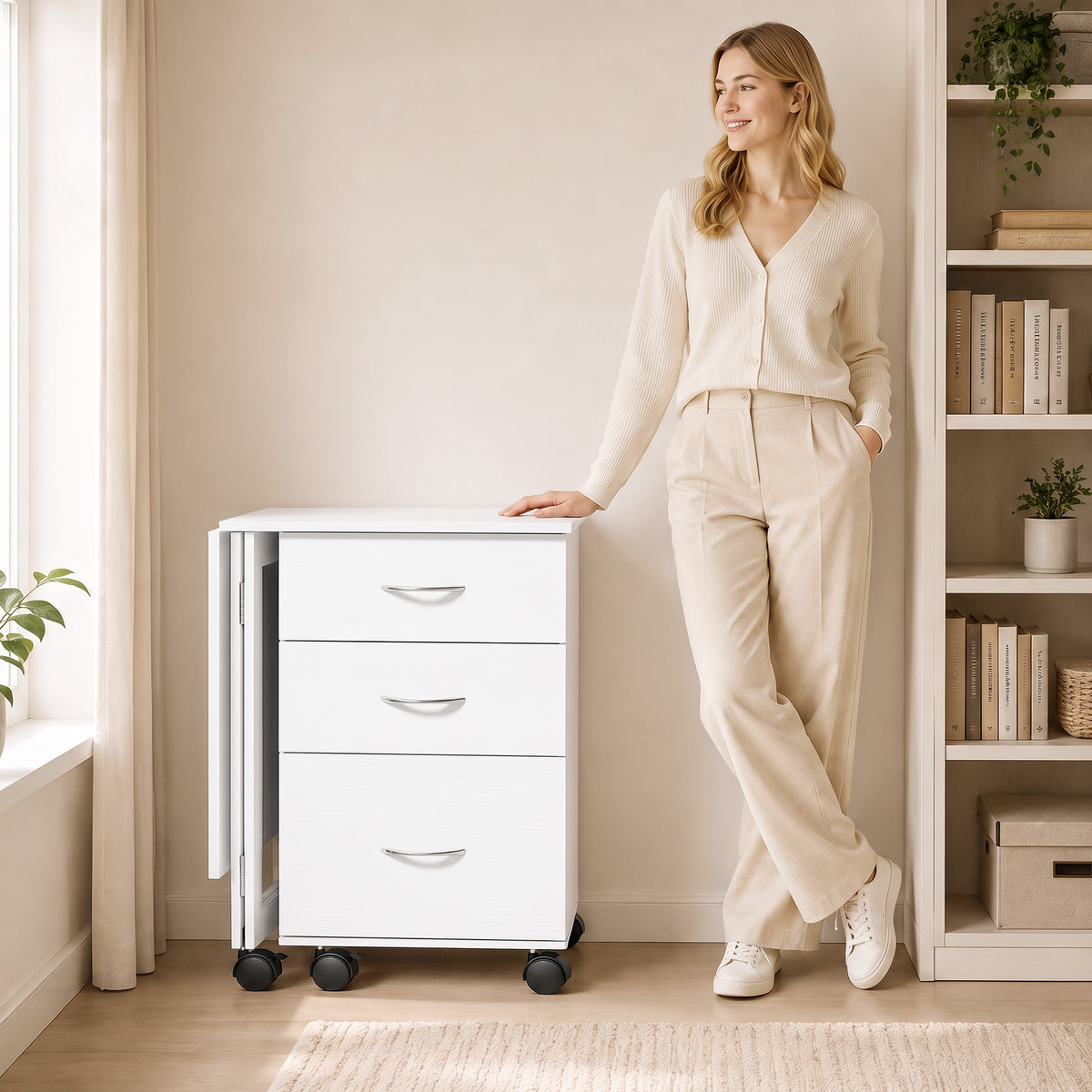 Foldable Computer Desk with 3 Drawers, Mobile Home Office Computer Table with 4 Lockable Wheels, Hanging Bars, Space Saving for Study, Home Office, White Wood Grain