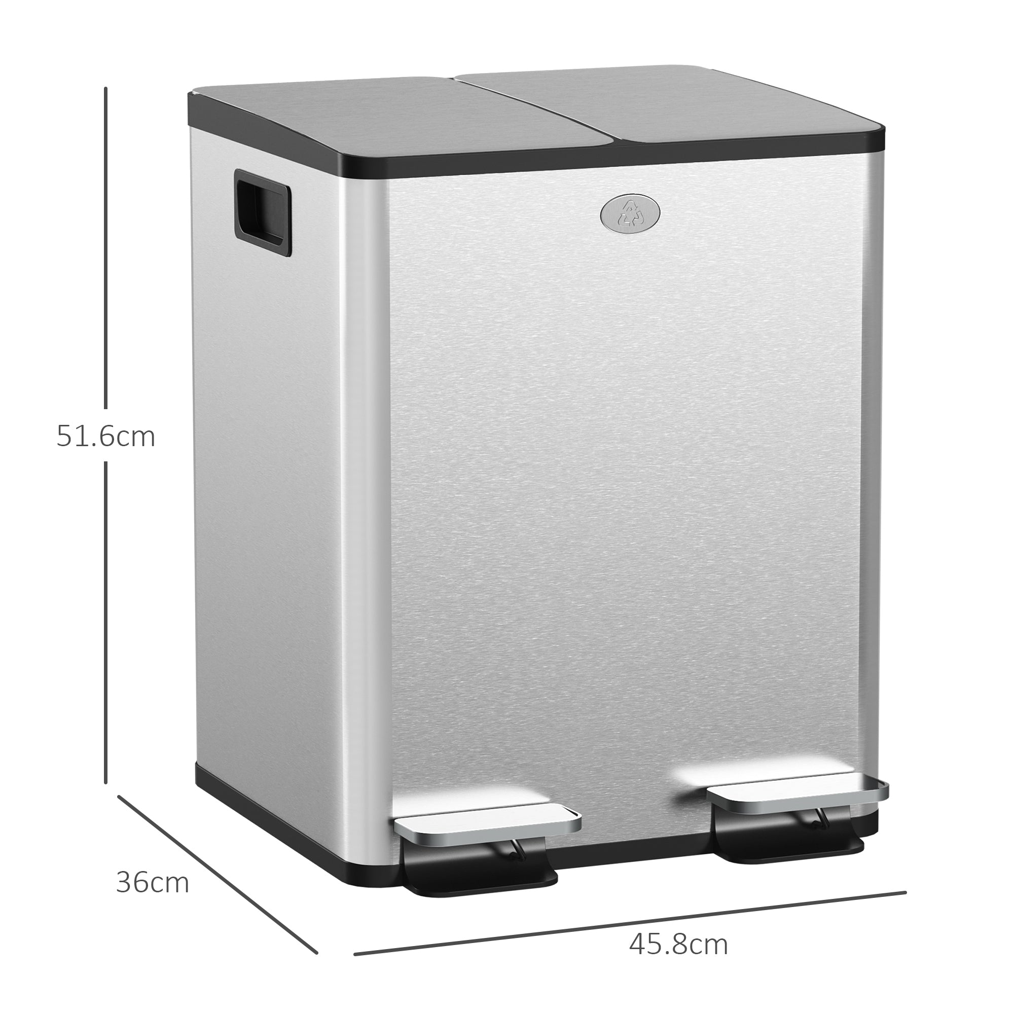 HOMCOM Dual Kitchen Bin, 2 x 20L Pedal Bin, Stainless Steel Double Rubbish Bin with Soft Close Lid, Removable Inner Buckets, Fingerprint-Proof for Recycling and Waste, Silver