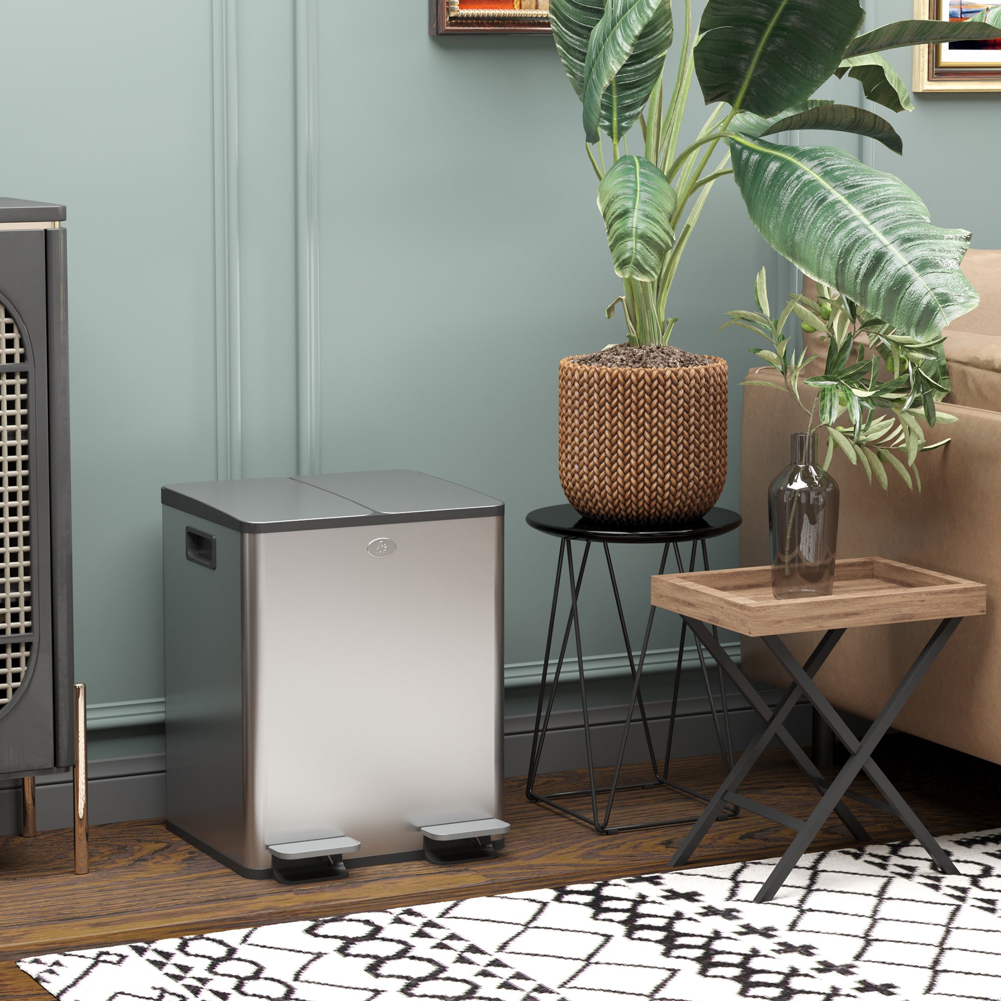 HOMCOM Dual Kitchen Bin, 2 x 20L Pedal Bin, Stainless Steel Double Rubbish Bin with Soft Close Lid, Removable Inner Buckets, Fingerprint-Proof for Recycling and Waste, Silver