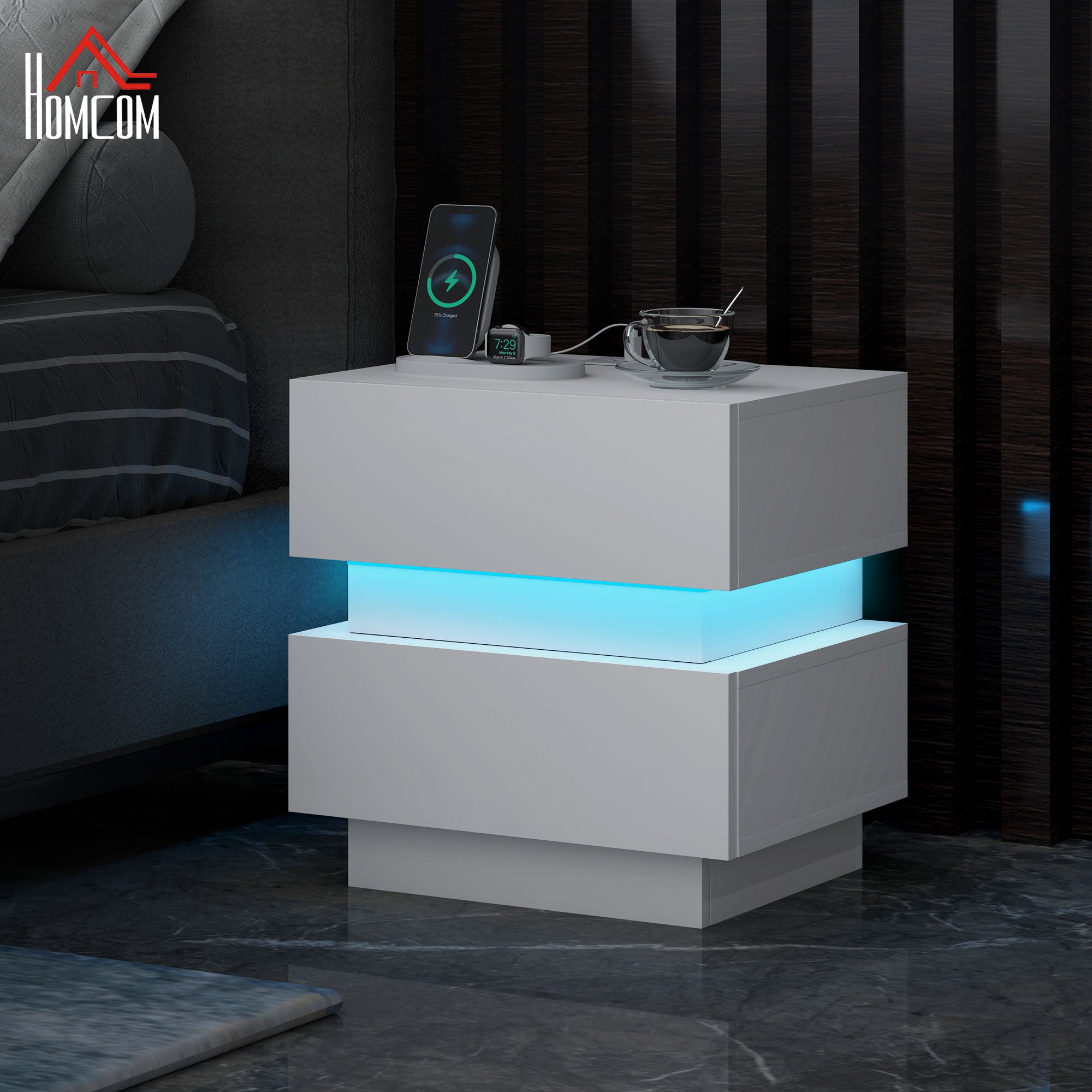 HOMCOM Nightstand with Charging Station and LED Light, Bedside Table with USB Ports and AC Outlets, Side Table with Storage and Remote for Bedroom, White