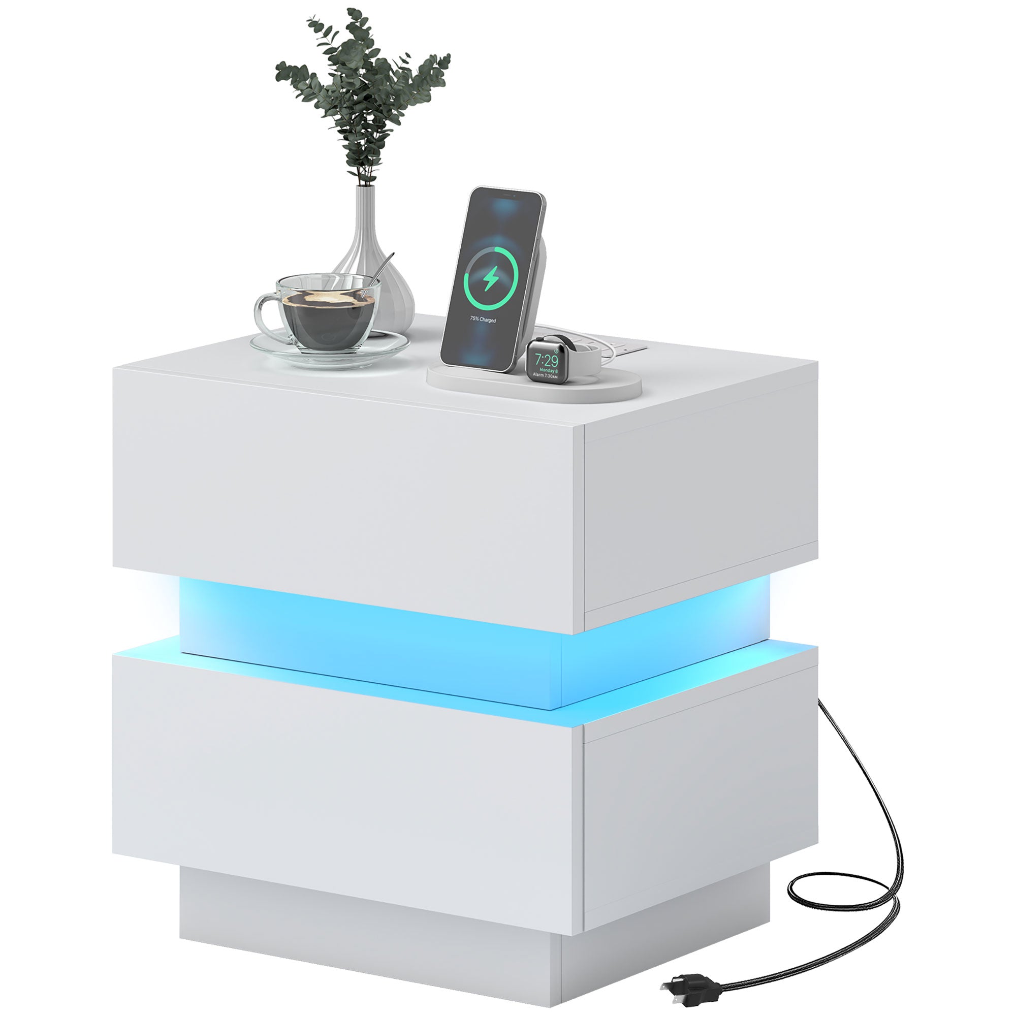 HOMCOM Nightstand with Charging Station and LED Light, Bedside Table with USB Ports and AC Outlets, Side Table with Storage and Remote for Bedroom, White