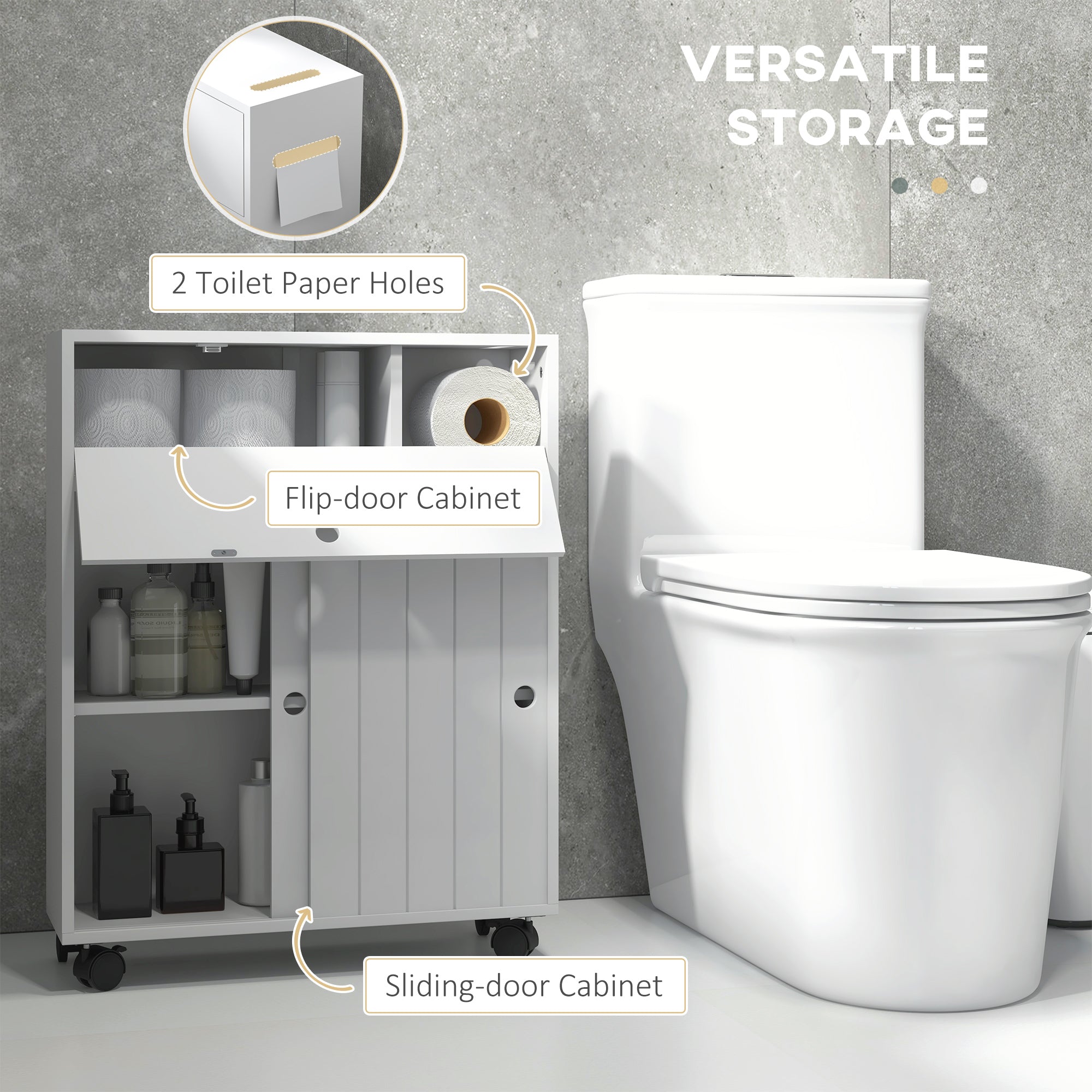Slim Bathroom Cabinet, Modern Narrow Bathroom Storage Cabinet with 4 Rolling Wheels and Paper Holes, White