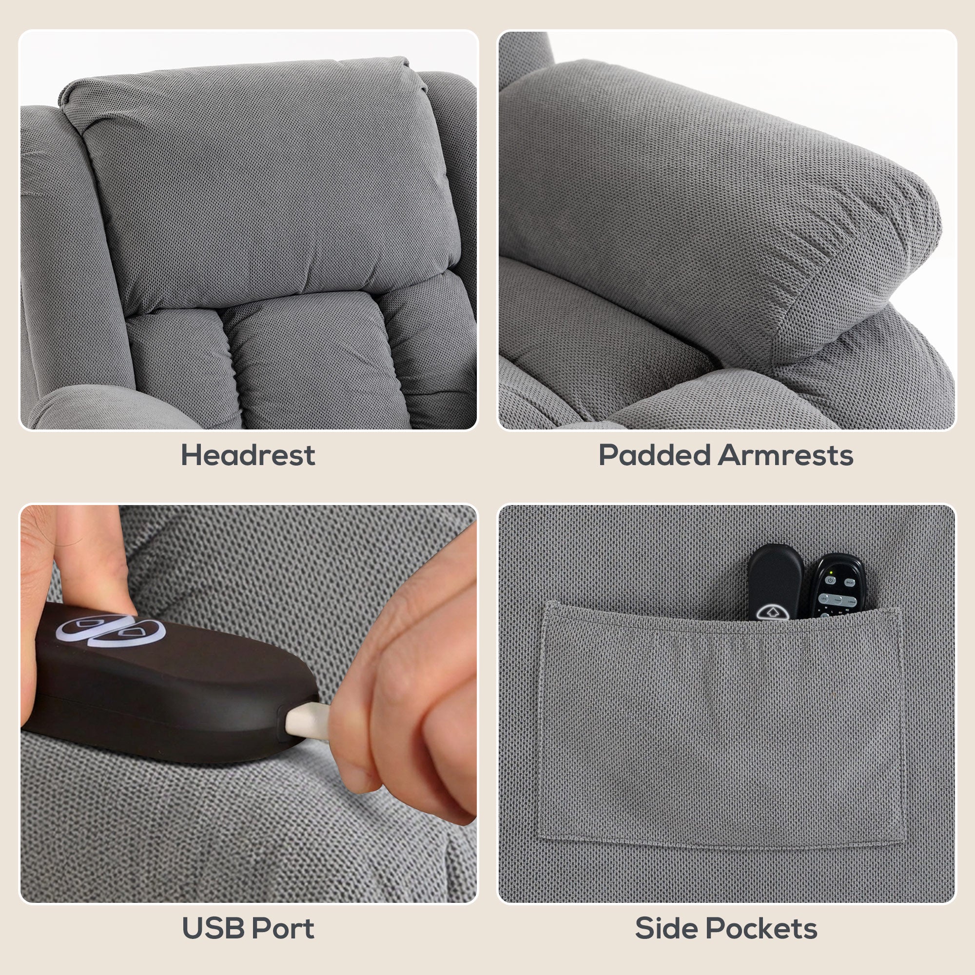 Recliner Armchair Lift Chair with Vibration Massage and Heat, Velvet-feel Fabric Electric Riser Recliner Chair for Elderly with Wide Seat, USB Port, Side Pockets for Living Room, Light Grey