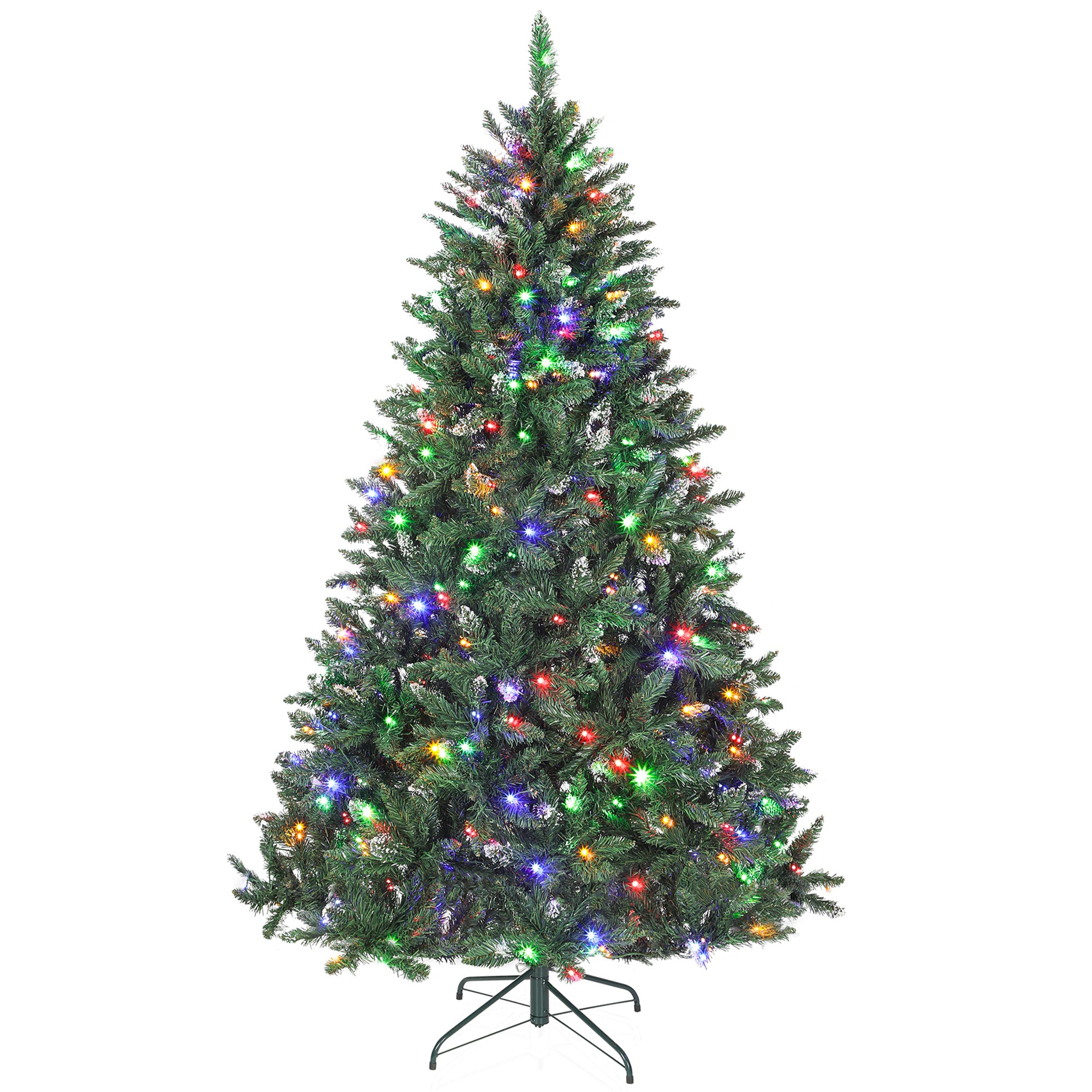 7 ft Prelit Frosted Christmas Tree, Full Spruce Holiday Decor with Dual Colour LED Light, Dense Branches, 9 Light Modes, Hinged Xmas Tree with Metal Stand, Easy Assembly