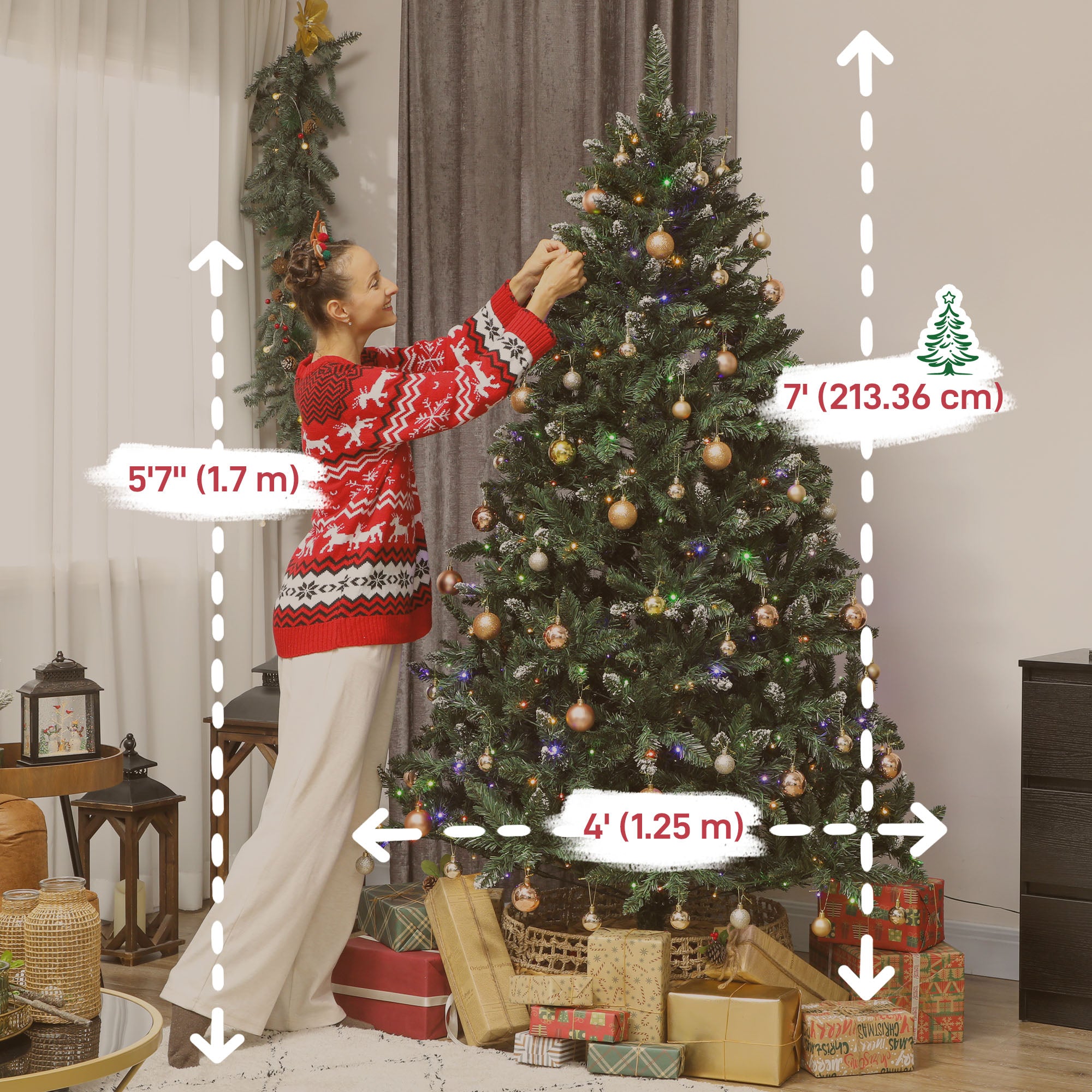 7 ft Prelit Frosted Christmas Tree, Full Spruce Holiday Decor with Dual Colour LED Light, Dense Branches, 9 Light Modes, Hinged Xmas Tree with Metal Stand, Easy Assembly