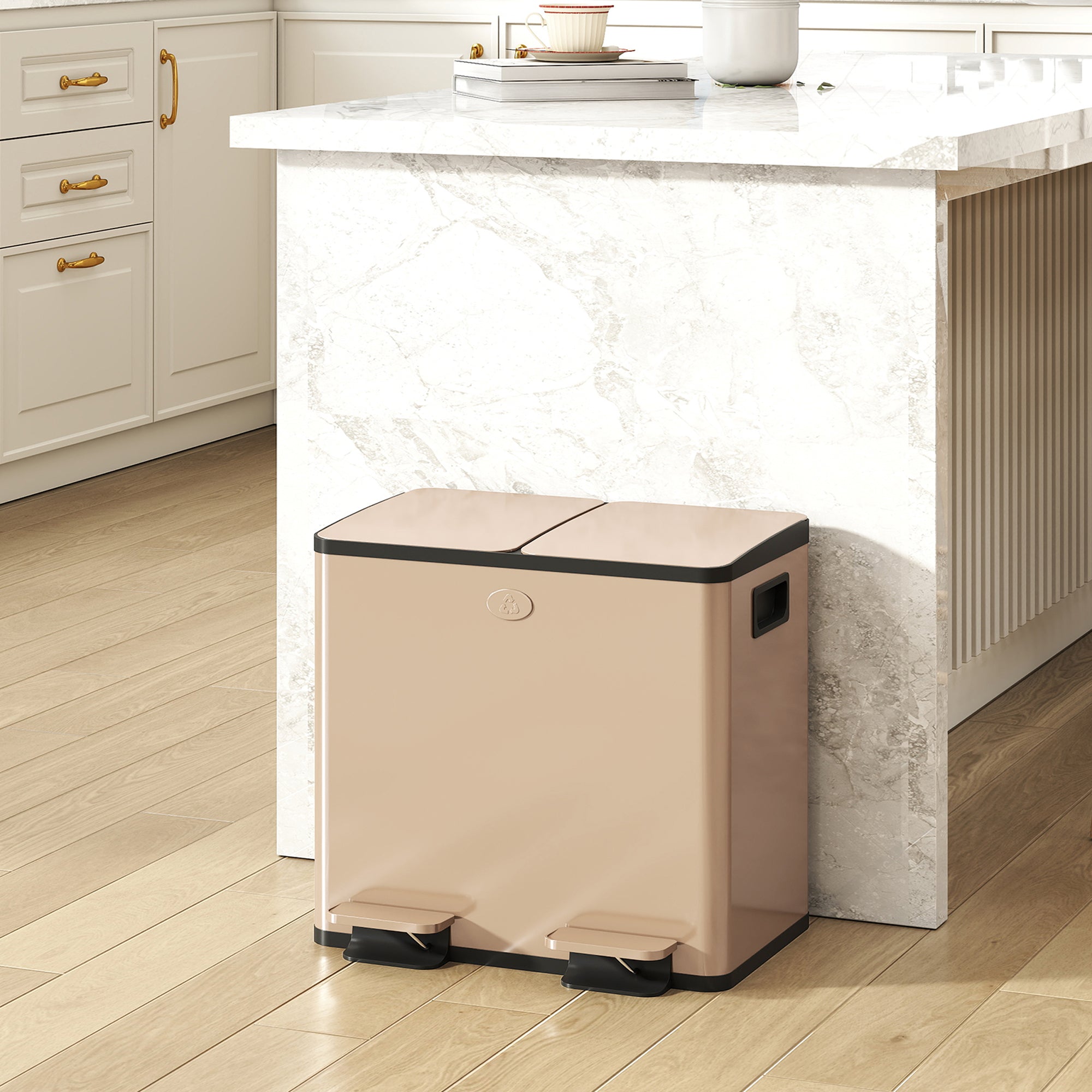 Dual Kitchen Bin, 2 x 15L Stainless Steel Double Rubbish Bin with Soft Close Lid, Removable Inner Buckets, Fingerprint-Proof for Recycling and Waste, Gold Tone