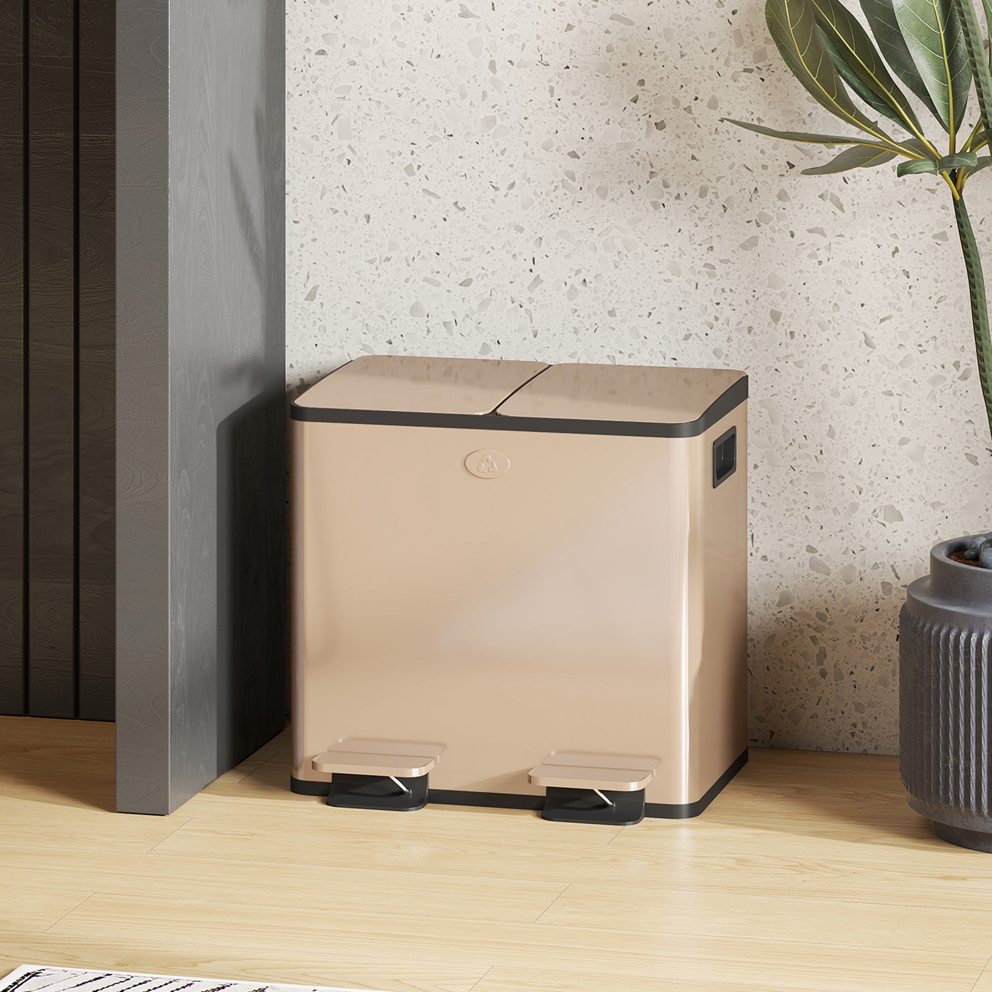 Dual Kitchen Bin, 2 x 15L Stainless Steel Double Rubbish Bin with Soft Close Lid, Removable Inner Buckets, Fingerprint-Proof for Recycling and Waste, Gold Tone