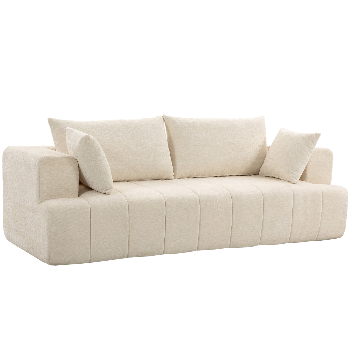 3 Seater Sofa, Chenille Boneless Cloud Couch with Thick Spring Cushion, Wide and Deep Seat, Wide Armrests, 2 Pillows, Anti-Slip Bottom, Modern Sofa Settee for Living Room, Beige