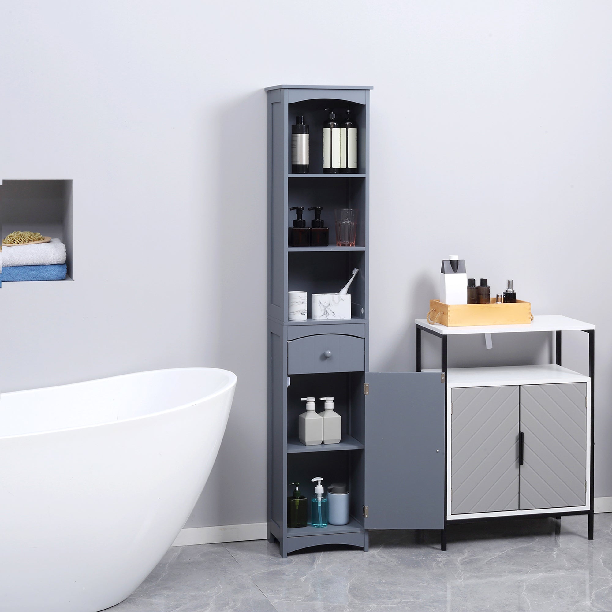 Bathroom Storage Cabinet, Tall Linen Tower with 3 Tier Shelves and Drawer, Grey