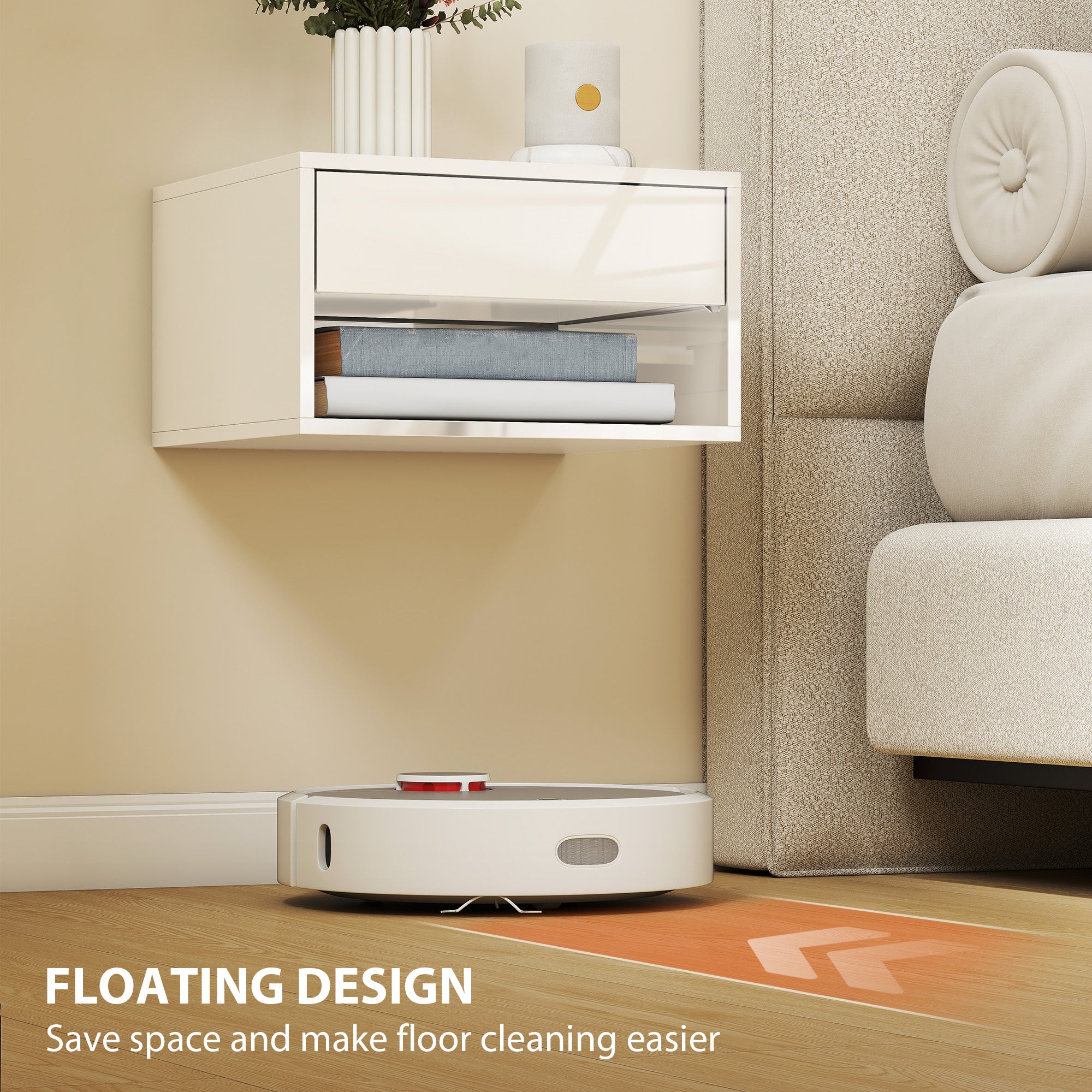 Floating Bedside Tables Set of 2, Wall-Mounted Nightstand with Drawer and Open Shelf for Bedroom, High Gloss White