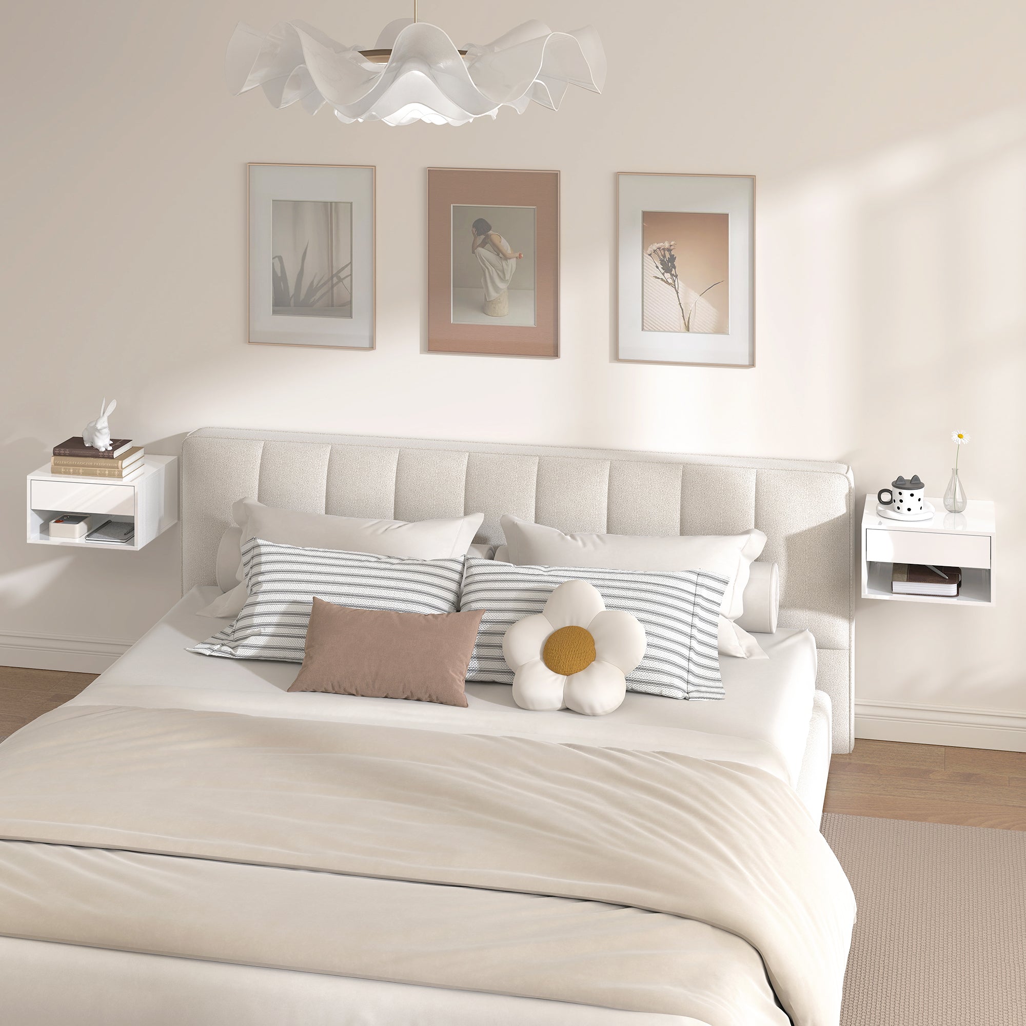 Floating Bedside Tables Set of 2, Wall Mounted Nightstand with Drawer and Open Shelf for Bedroom, High Gloss White