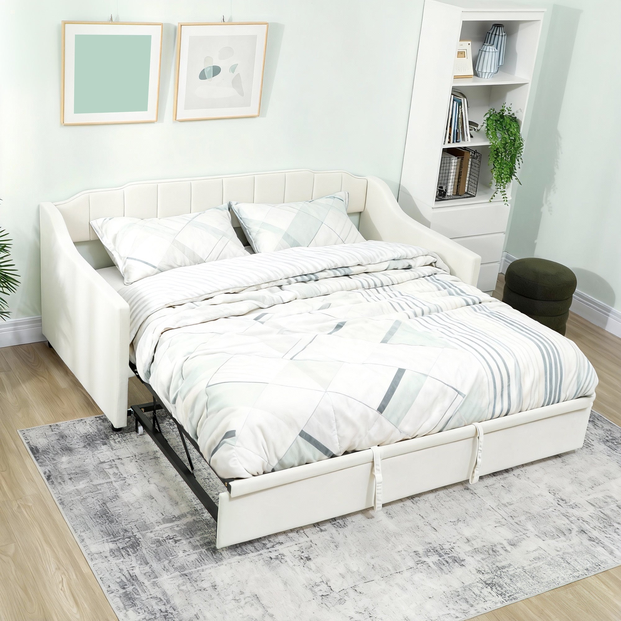 Upholstered Twin Daybed with Pop Up Trundle, Twin to King Sofa Day Bed Frame with Headboard, Armrests, Velvet Trundle Bed with Wood Slat Support for Living Room, Cream White