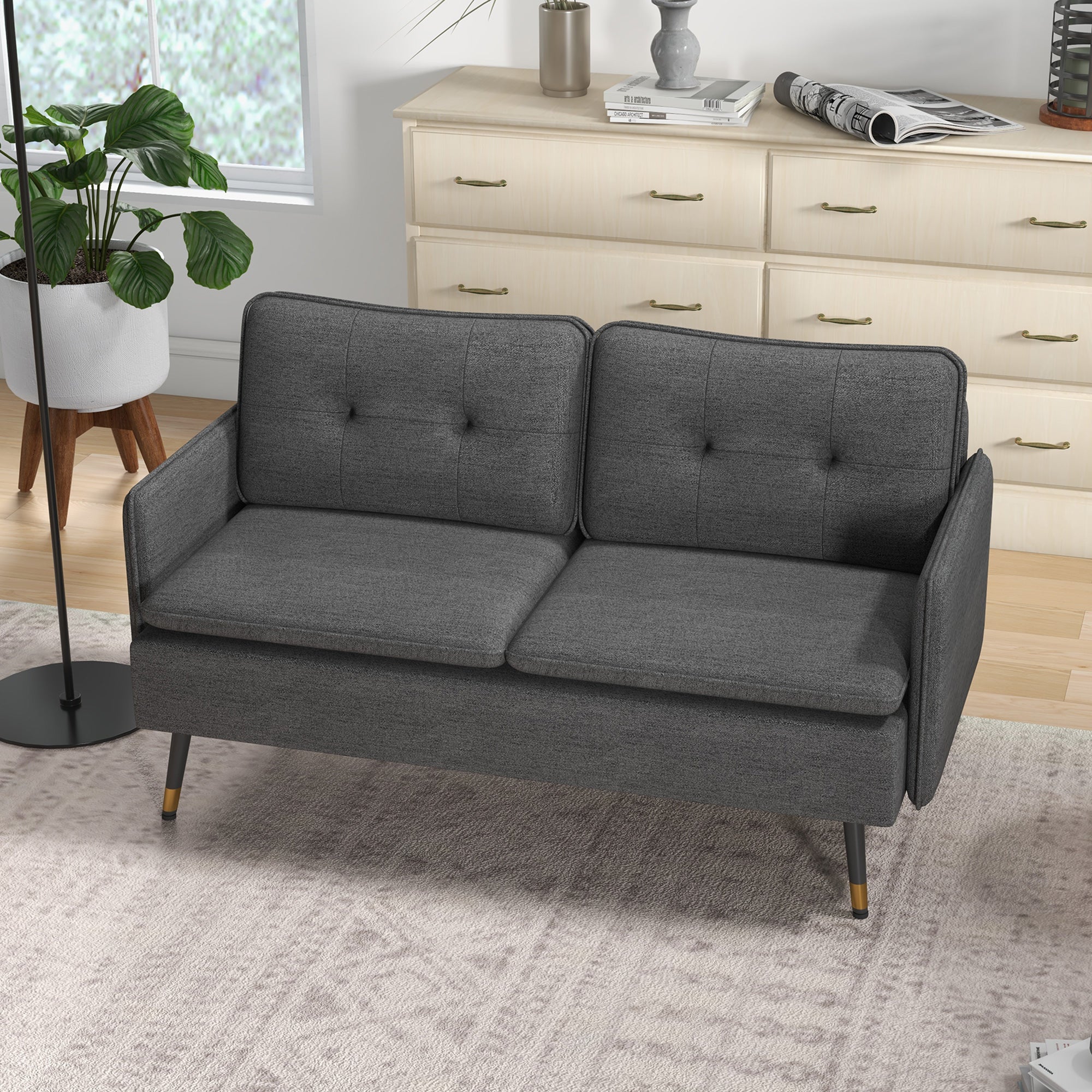 HOMCOM 55" Loveseat Sofa for Bedroom, Modern Love Seats Furniture with Button Tufting, Upholstered Small Couch for Small Space, Dark Grey