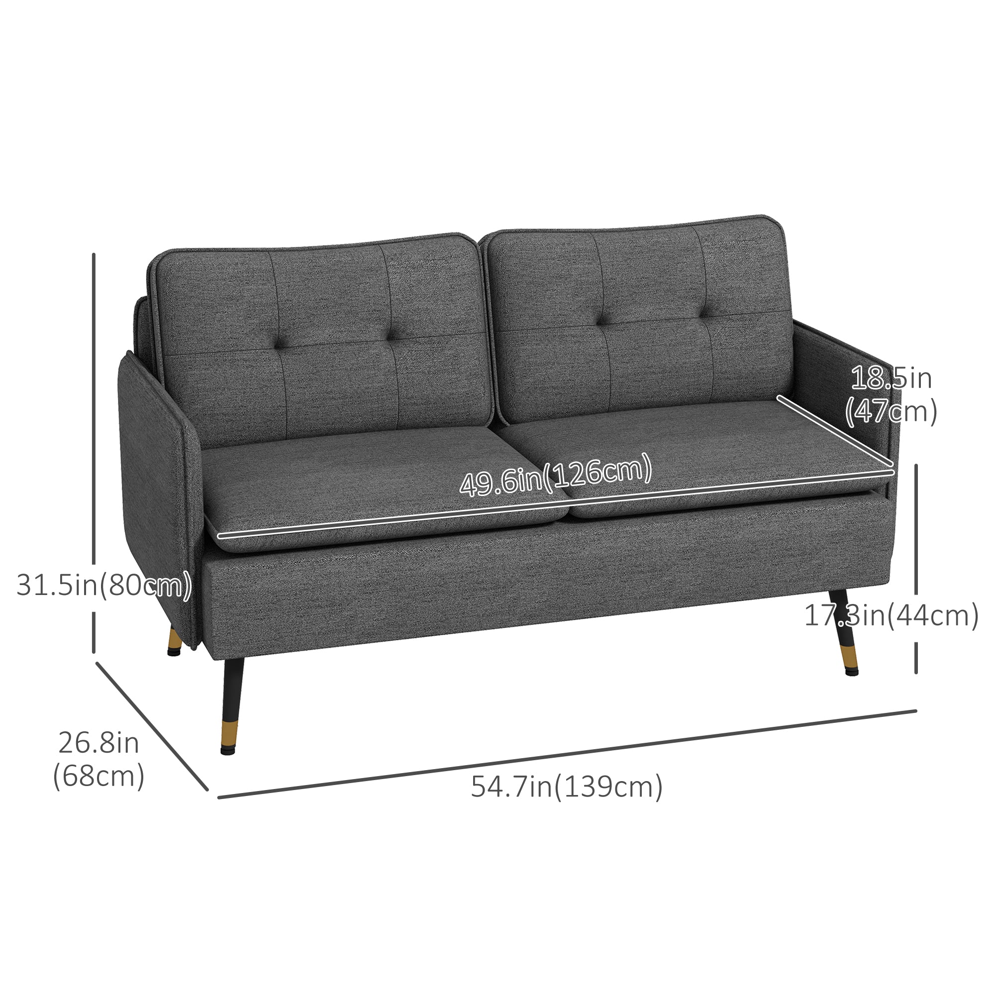 HOMCOM 55" Loveseat Sofa for Bedroom, Modern Love Seats Furniture with Button Tufting, Upholstered Small Couch for Small Space, Dark Grey