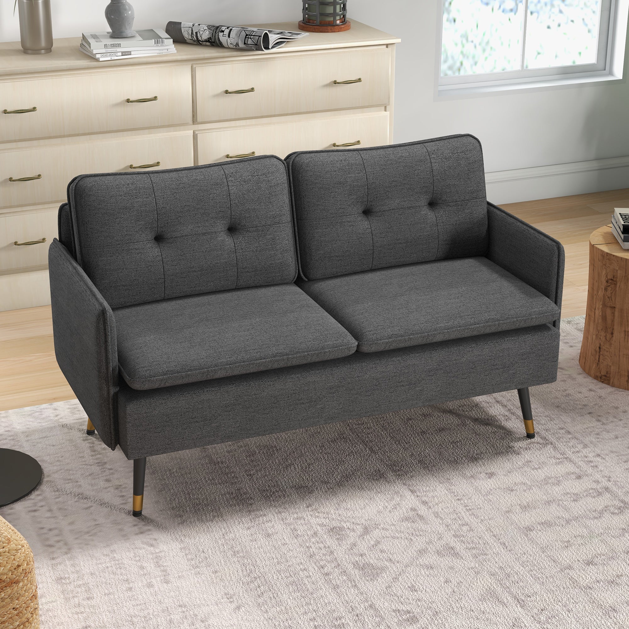 HOMCOM 55" Loveseat Sofa for Bedroom, Modern Love Seats Furniture with Button Tufting, Upholstered Small Couch for Small Space, Dark Grey