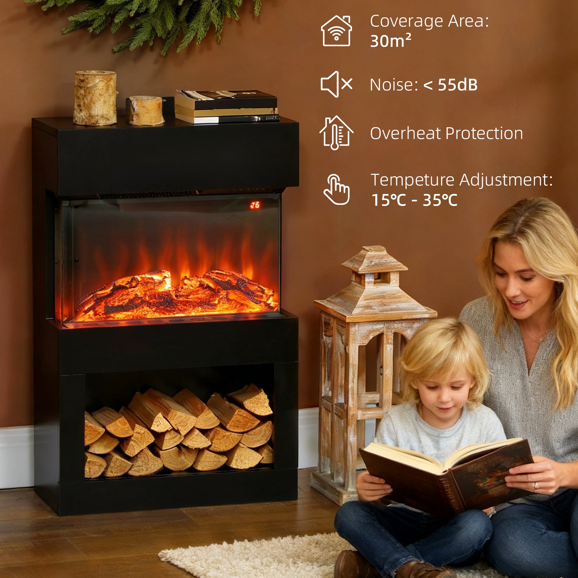 19" Electric Fireplace with Surround, 3D Flame Effect, 6 Colours & 3 Brightness Levels, 1000W/2000W Black Electric Fire and Mantel Reach up to 30㎡ Space with Remote & Timer, 3 Sided View