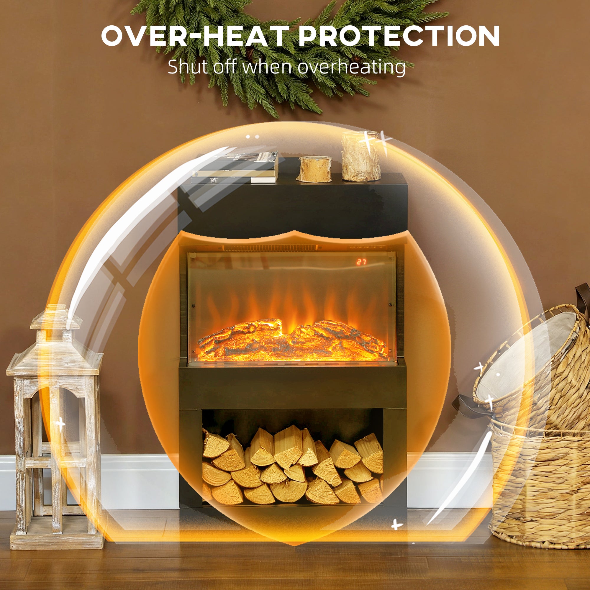 19" Electric Fireplace with Surround, 3D Flame Effect, 6 Colours & 3 Brightness Levels, 1000W/2000W Black Electric Fire and Mantel Reach up to 30㎡ Space with Remote & Timer, 3 Sided View