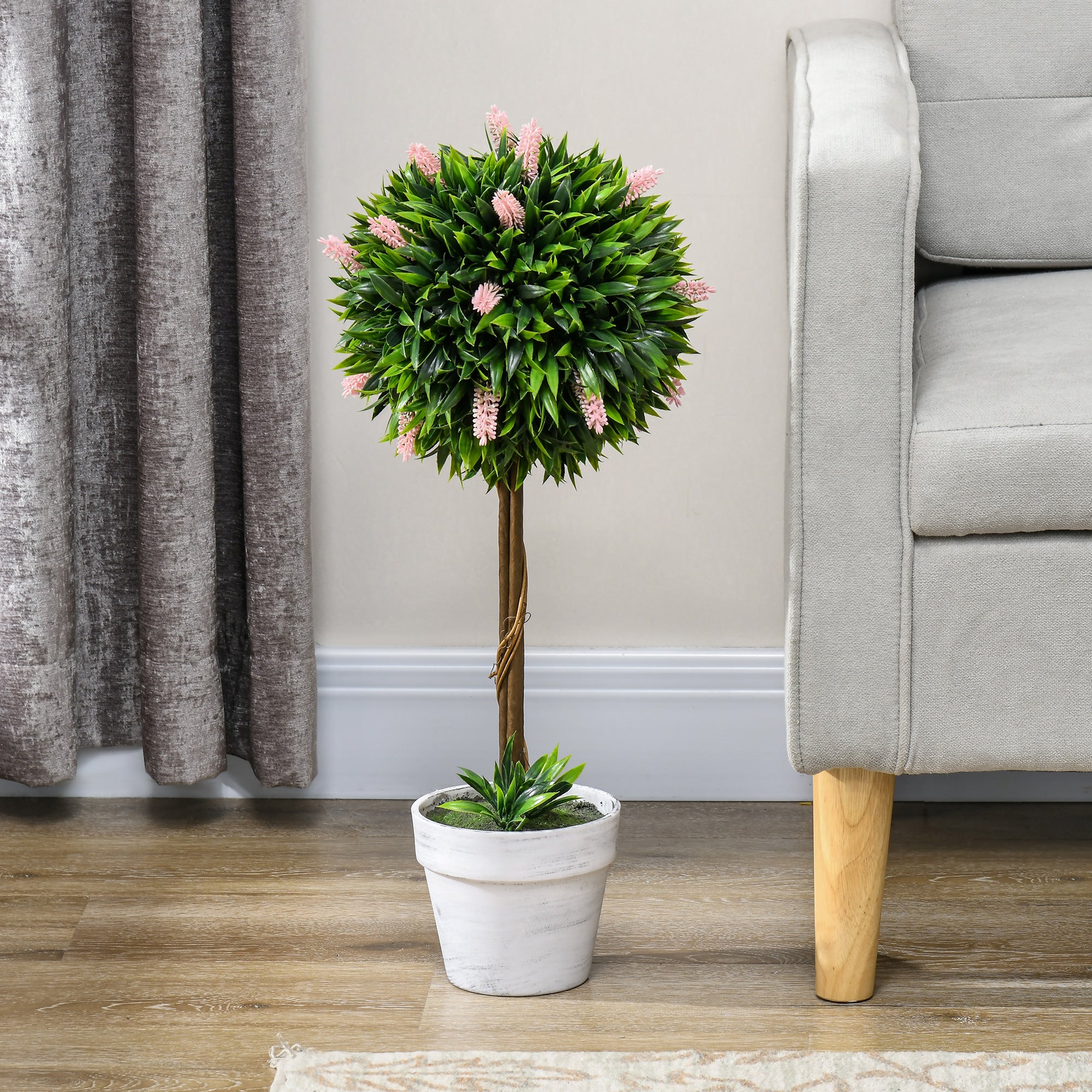 HOMCOM Set of 2 Decorative Artificial Plants Ball Trees with Lavender Flowers in Pot Fake Plants for Home Indoor Outdoor Decor, 60cm, Pink