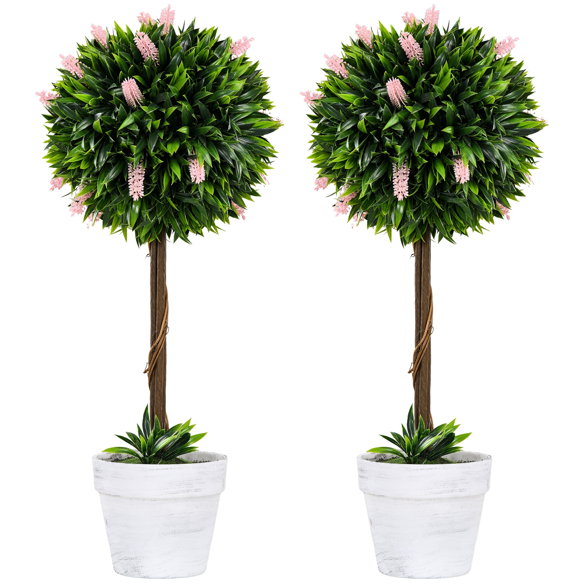 HOMCOM Set of 2 Decorative Artificial Plants Ball Trees with Lavender Flowers in Pot Fake Plants for Home Indoor Outdoor Decor, 60cm, Pink