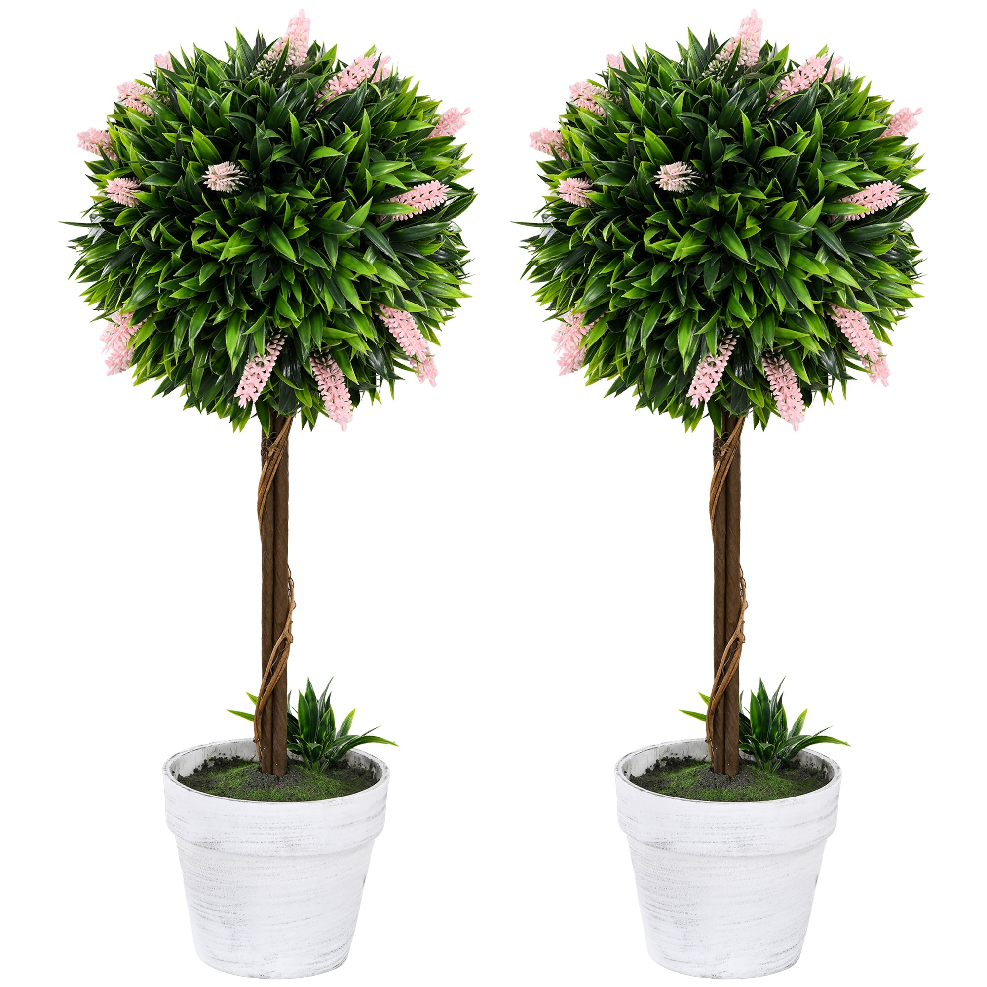 HOMCOM Set of 2 Decorative Artificial Plants Ball Trees with Lavender Flowers in Pot Fake Plants for Home Indoor Outdoor Decor, 60cm, Pink