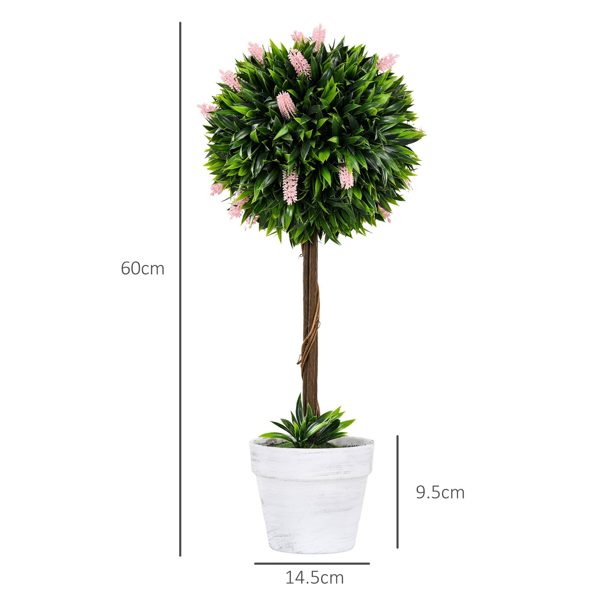 HOMCOM Set of 2 Decorative Artificial Plants Ball Trees with Lavender Flowers in Pot Fake Plants for Home Indoor Outdoor Decor, 60cm, Pink